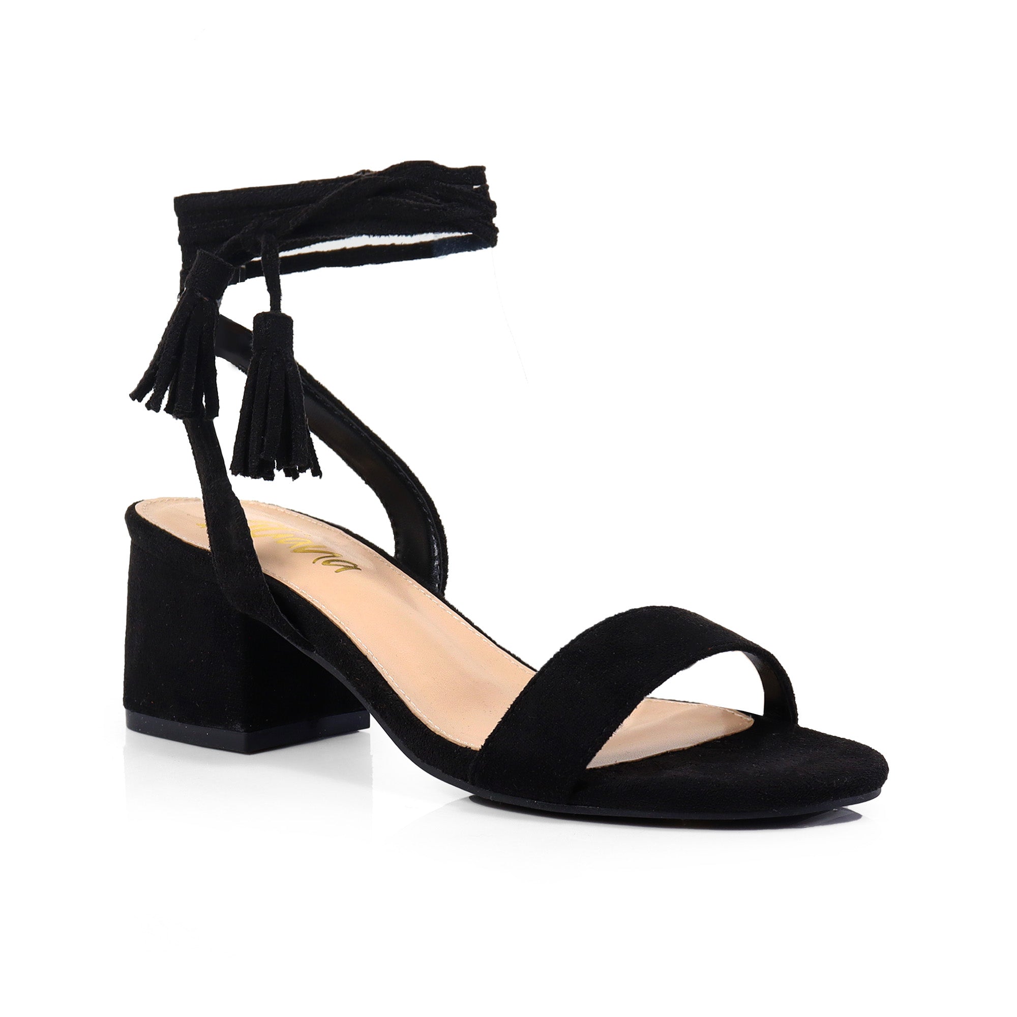 ADAMS-1 ANKLE TIES TASSELS W/CHUNKY MID HEEL BLACK