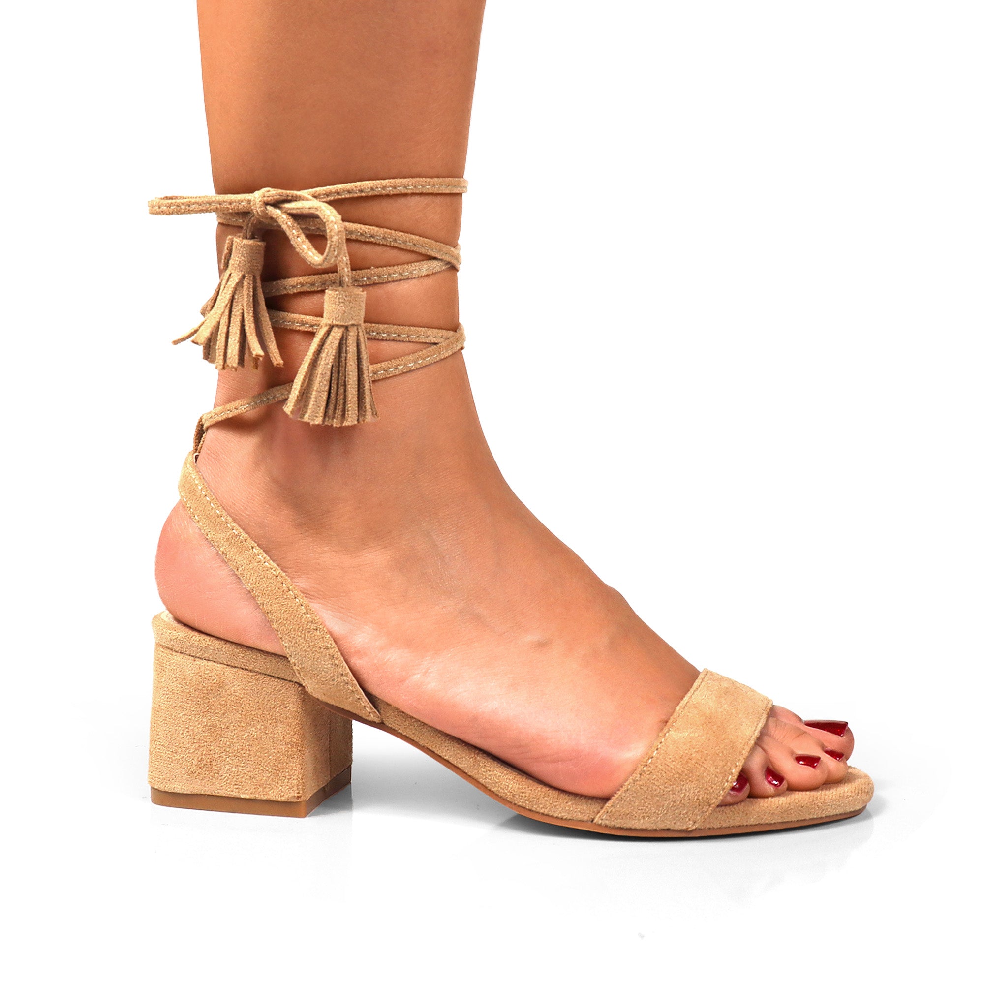 ADAMS-1 ANKLE TIES TASSELS W/CHUNKY MID HEEL NUDE