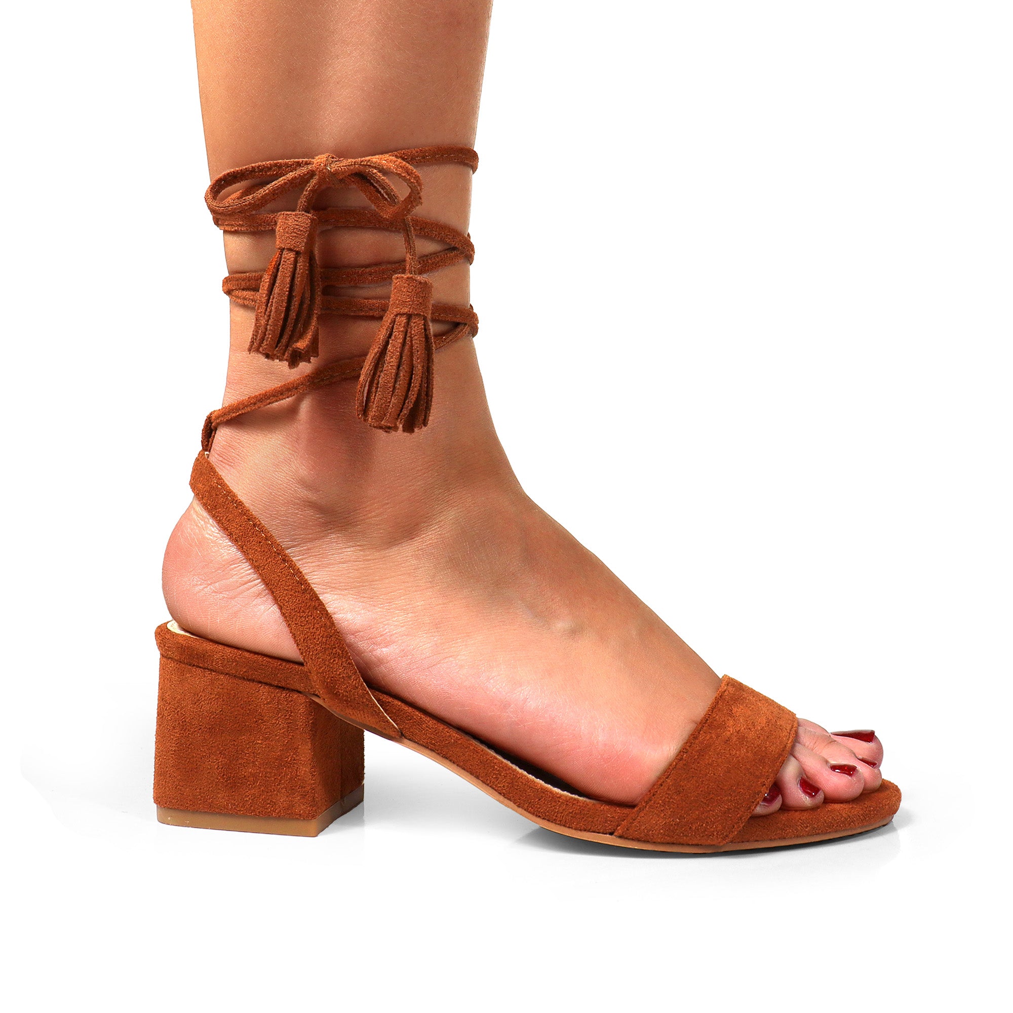 ADAMS-1 ANKLE TIES TASSELS W/CHUNKY MID HEEL TAN