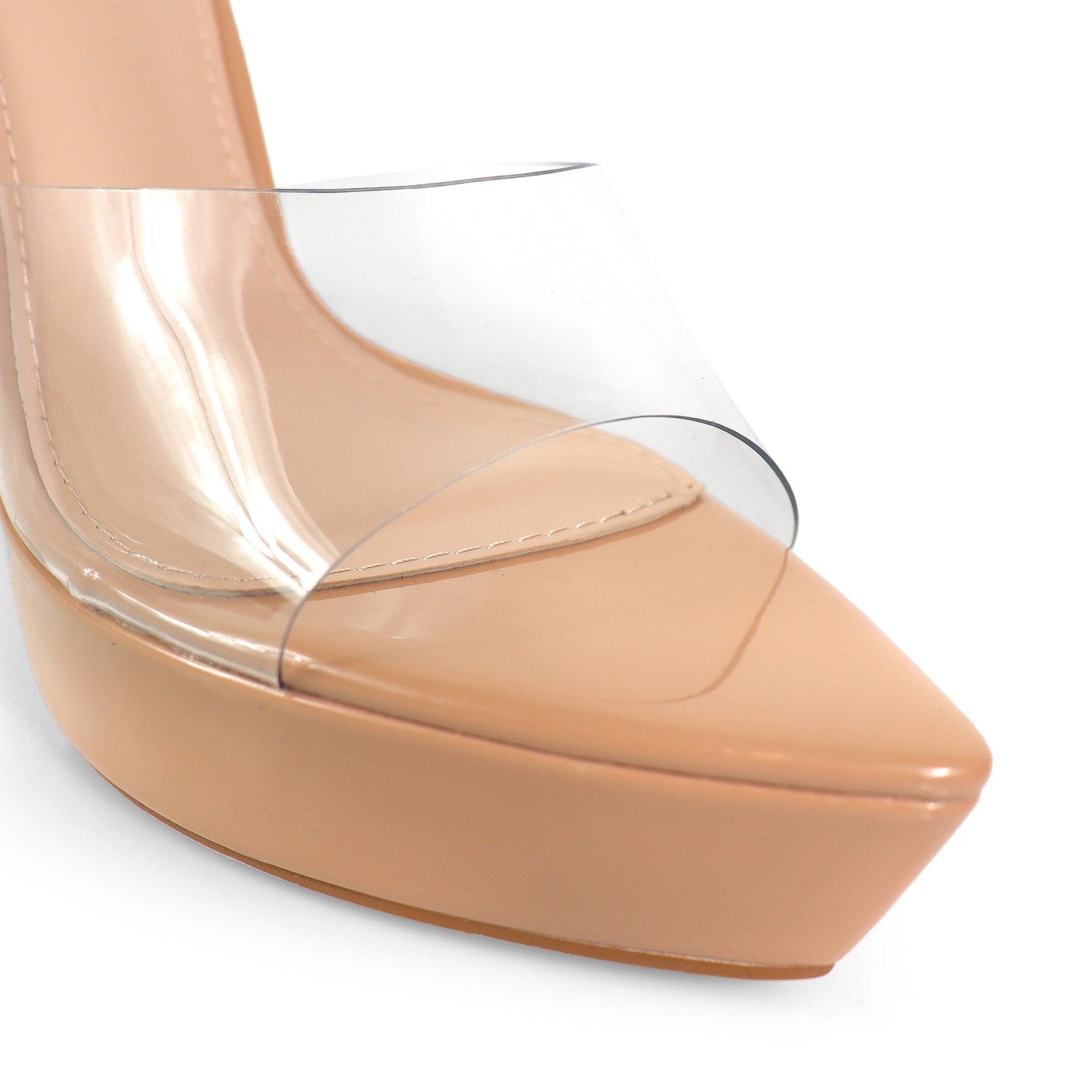 ADELINA-1  POINTED TOE PLATFORM MULE W HEEL NUDE/CLEAR
