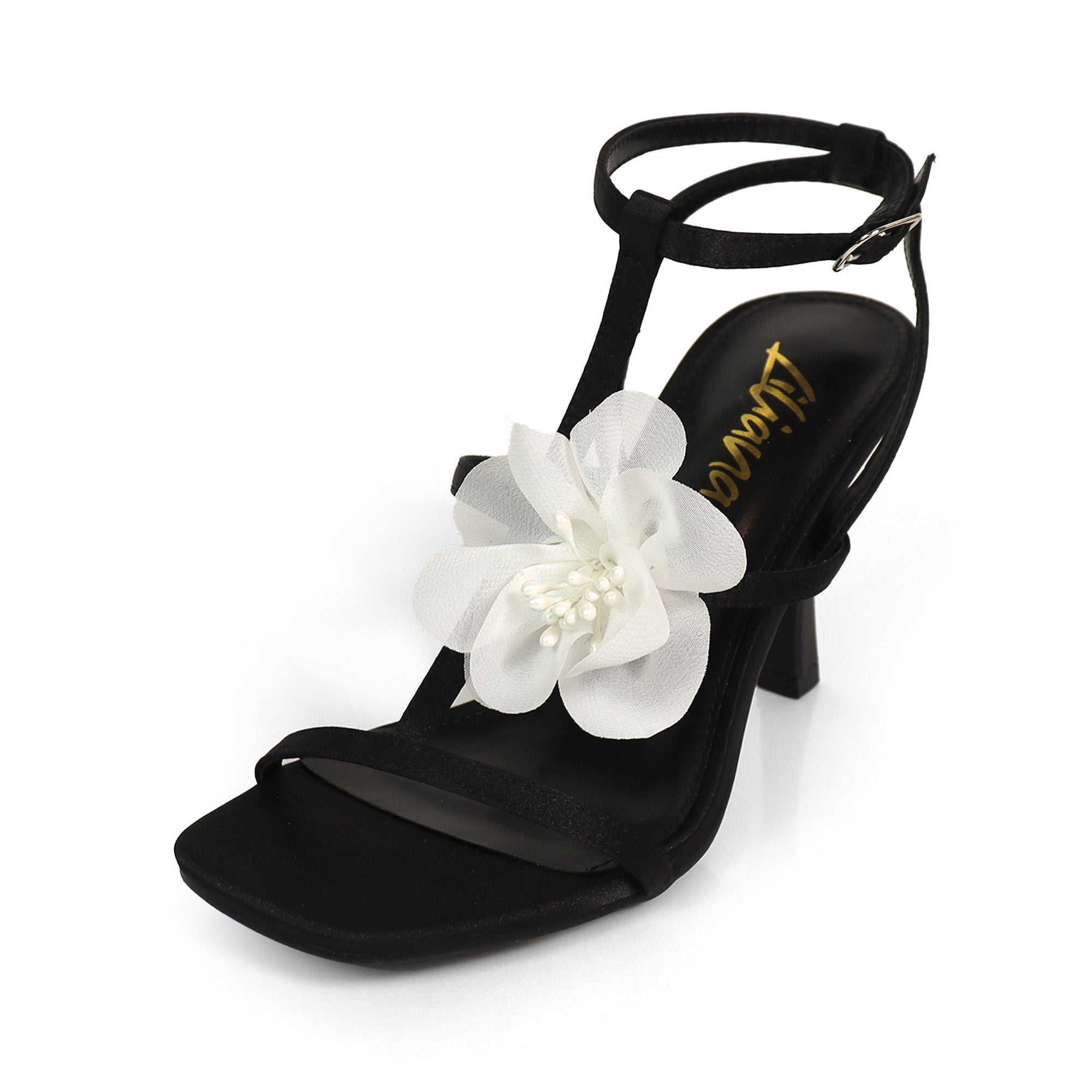 AGATHA-2 ELEGANT FLORAL STRAP SANDAL W/ HEEL BLACK/WHITE