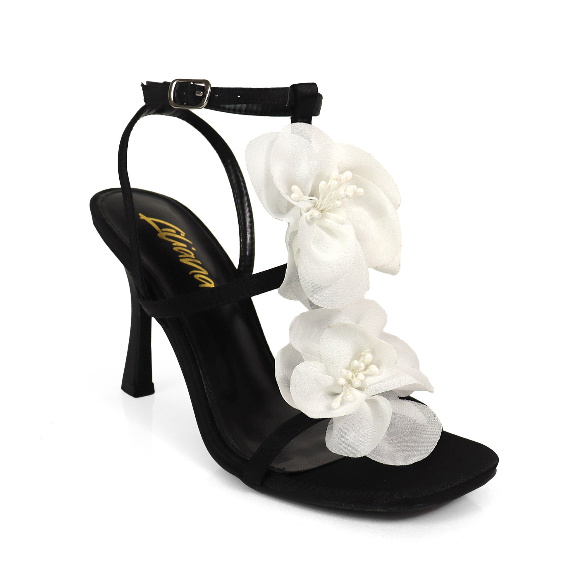 AGATHA-2 ELEGANT FLORAL STRAP SANDAL W/ HEEL BLACK/WHITE