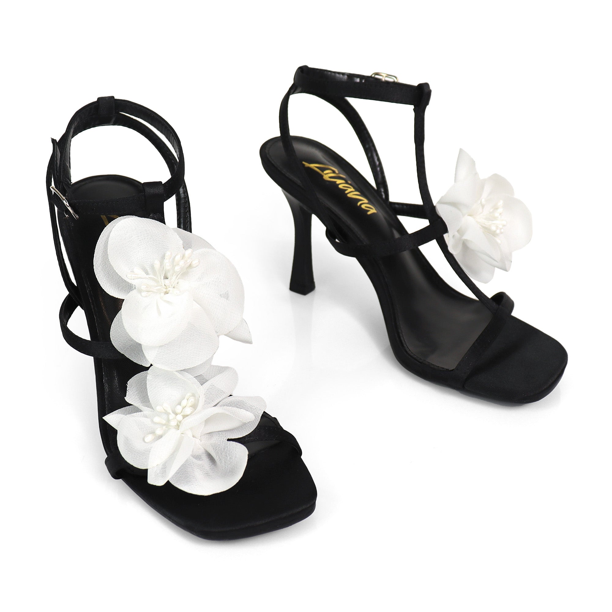 AGATHA-2 ELEGANT FLORAL STRAP SANDAL W/ HEEL BLACK/WHITE