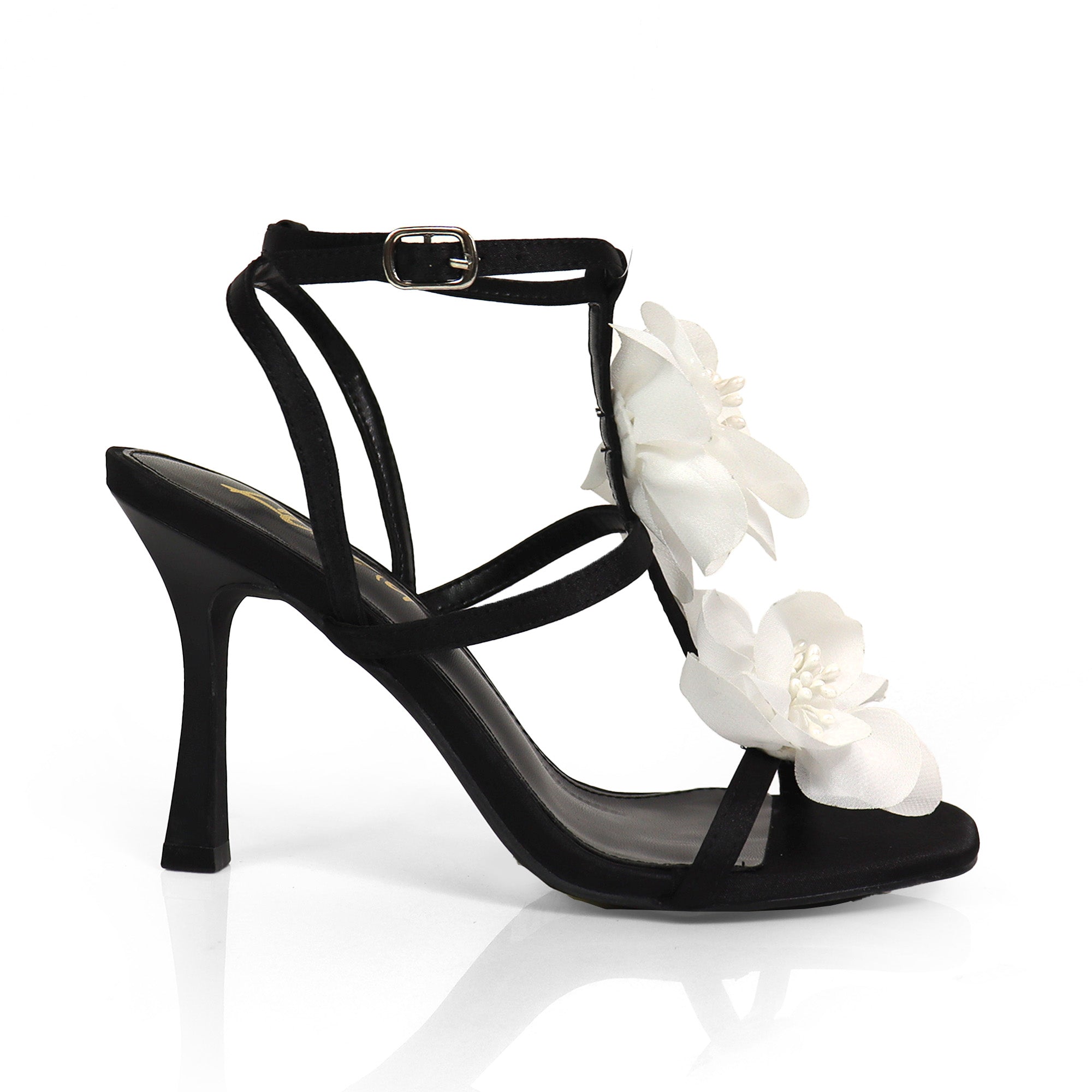 AGATHA-2 ELEGANT FLORAL STRAP SANDAL W/ HEEL BLACK/WHITE