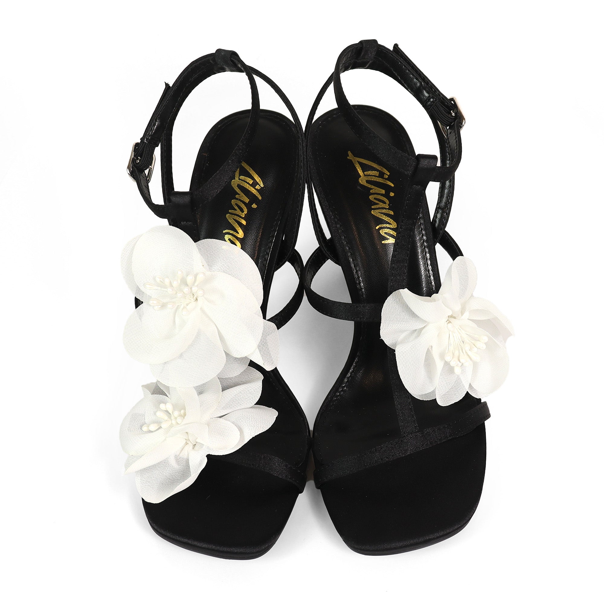 AGATHA-2 ELEGANT FLORAL STRAP SANDAL W/ HEEL BLACK/WHITE