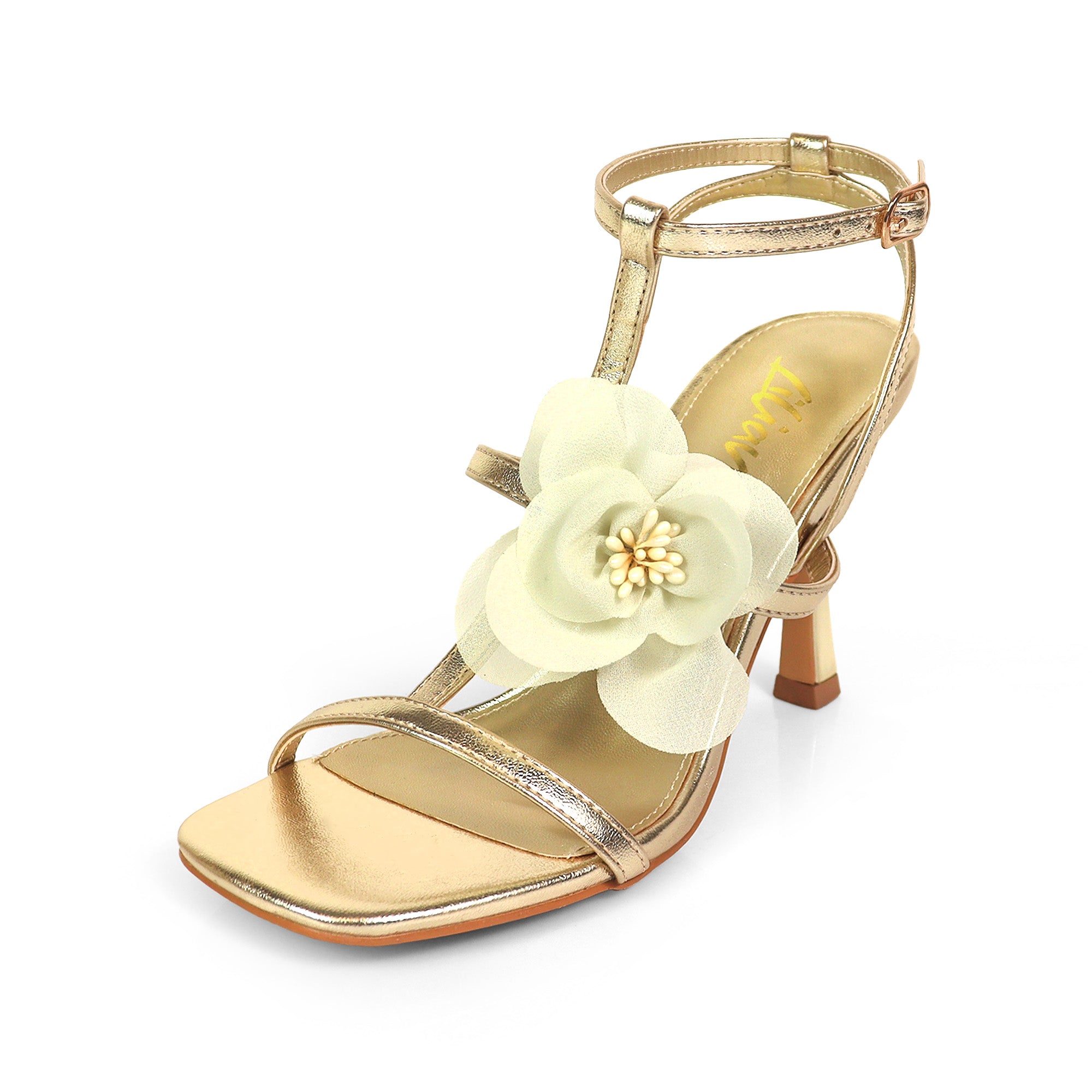AGATHA-2 ELEGANT FLORAL STRAP SANDAL W/ HEEL GOLD