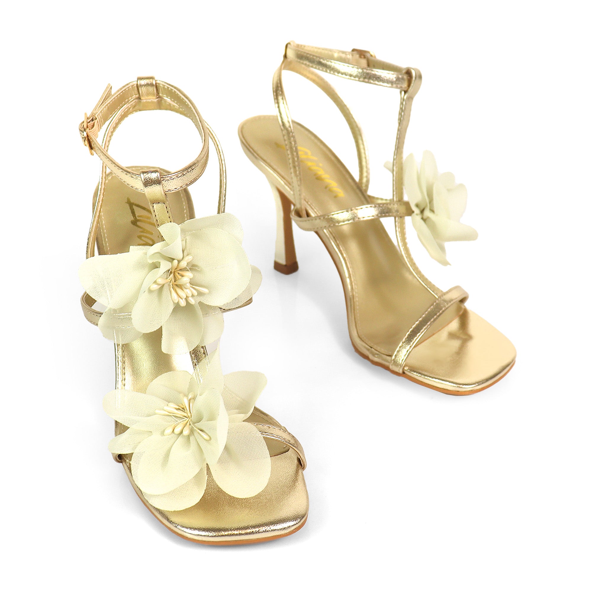 AGATHA-2 ELEGANT FLORAL STRAP SANDAL W/ HEEL GOLD