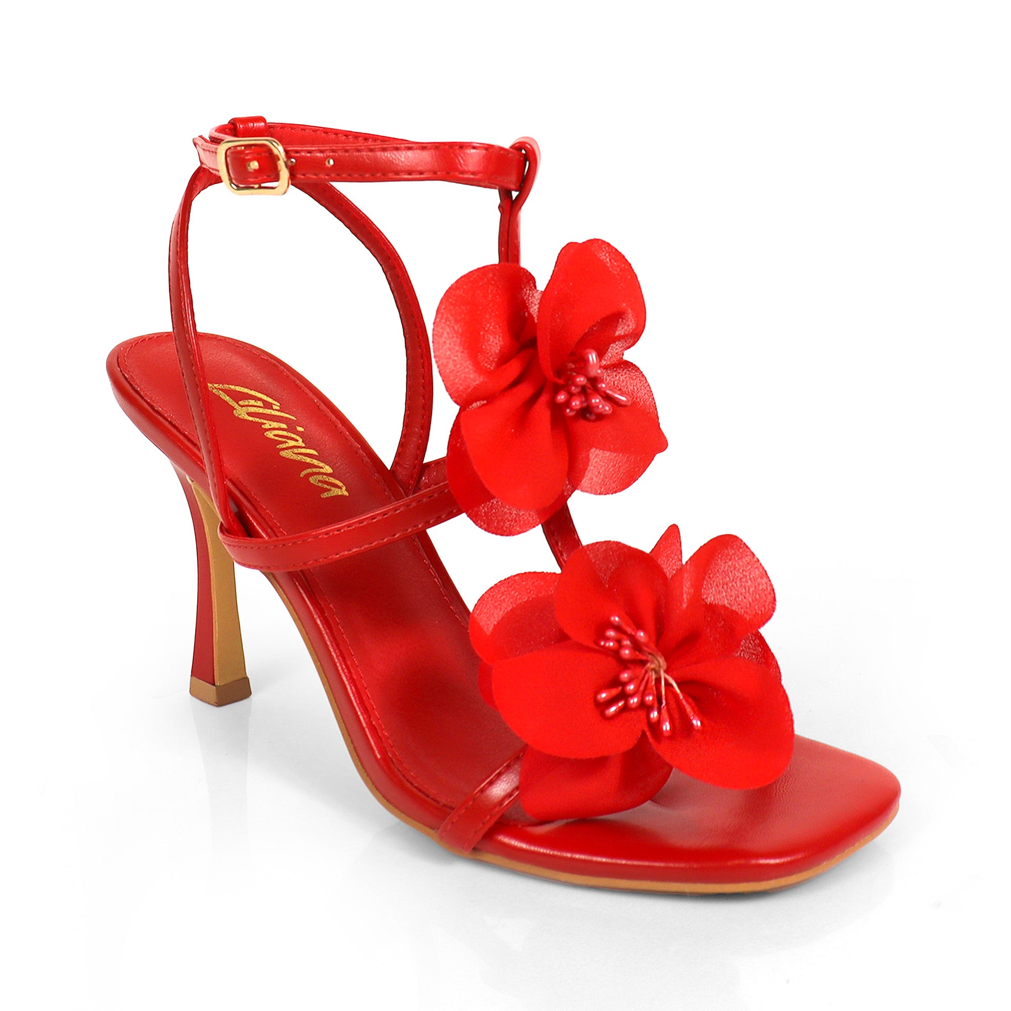 AGATHA-2 ELEGANT FLORAL STRAP SANDAL W/ HEEL RED