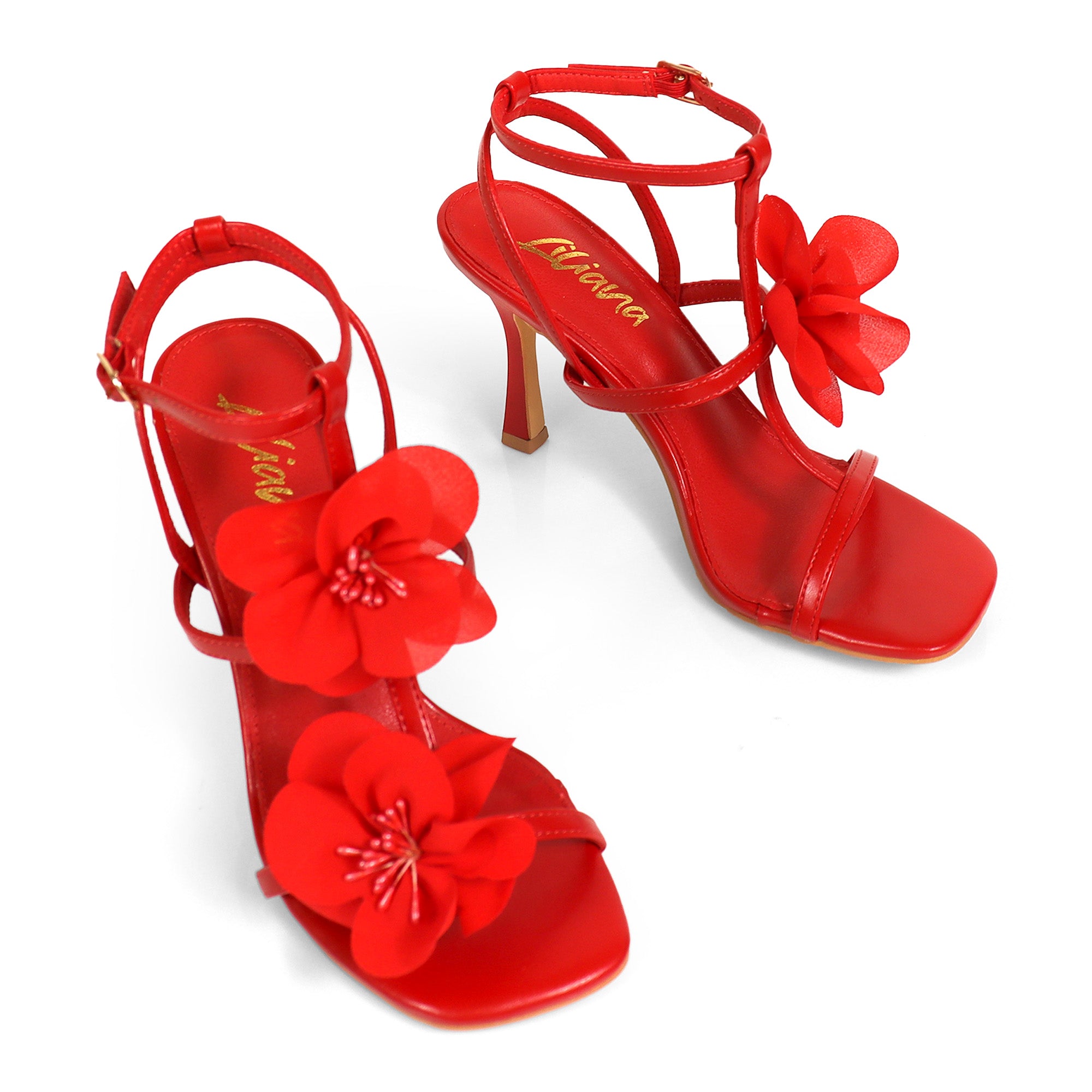 AGATHA-2 ELEGANT FLORAL STRAP SANDAL W/ HEEL RED