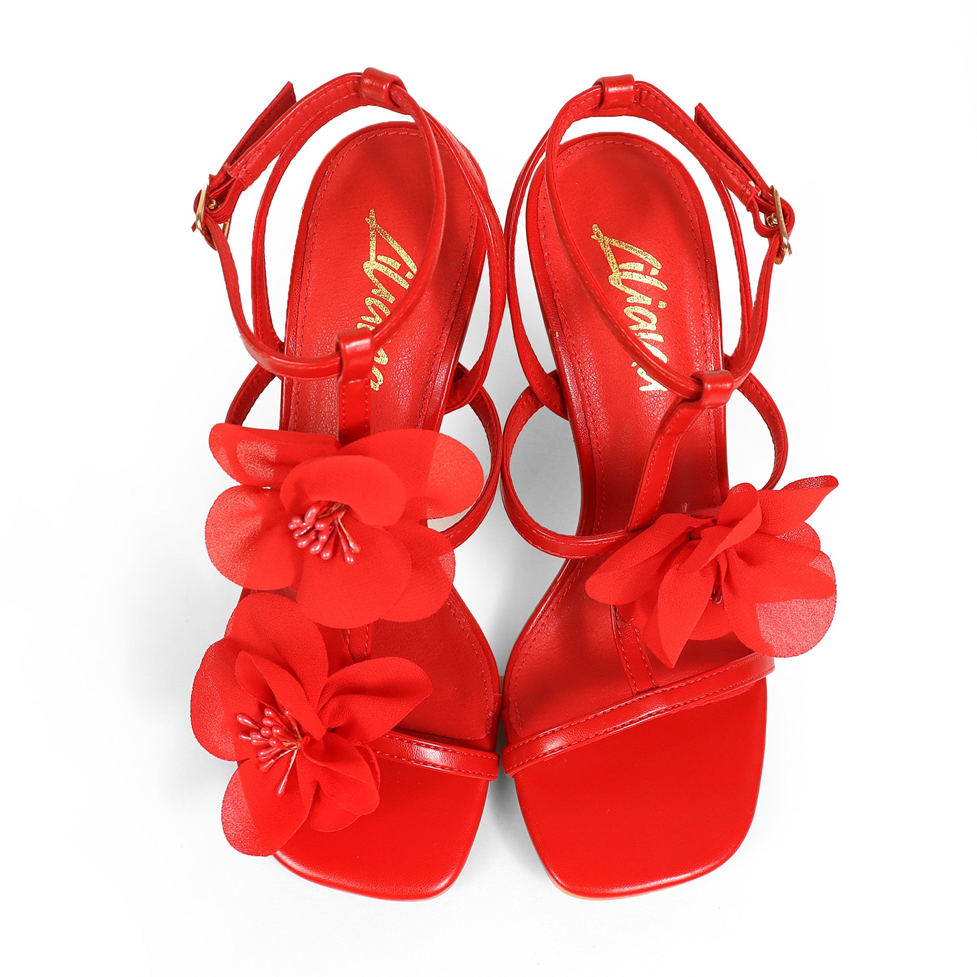 AGATHA-2 ELEGANT FLORAL STRAP SANDAL W/ HEEL RED
