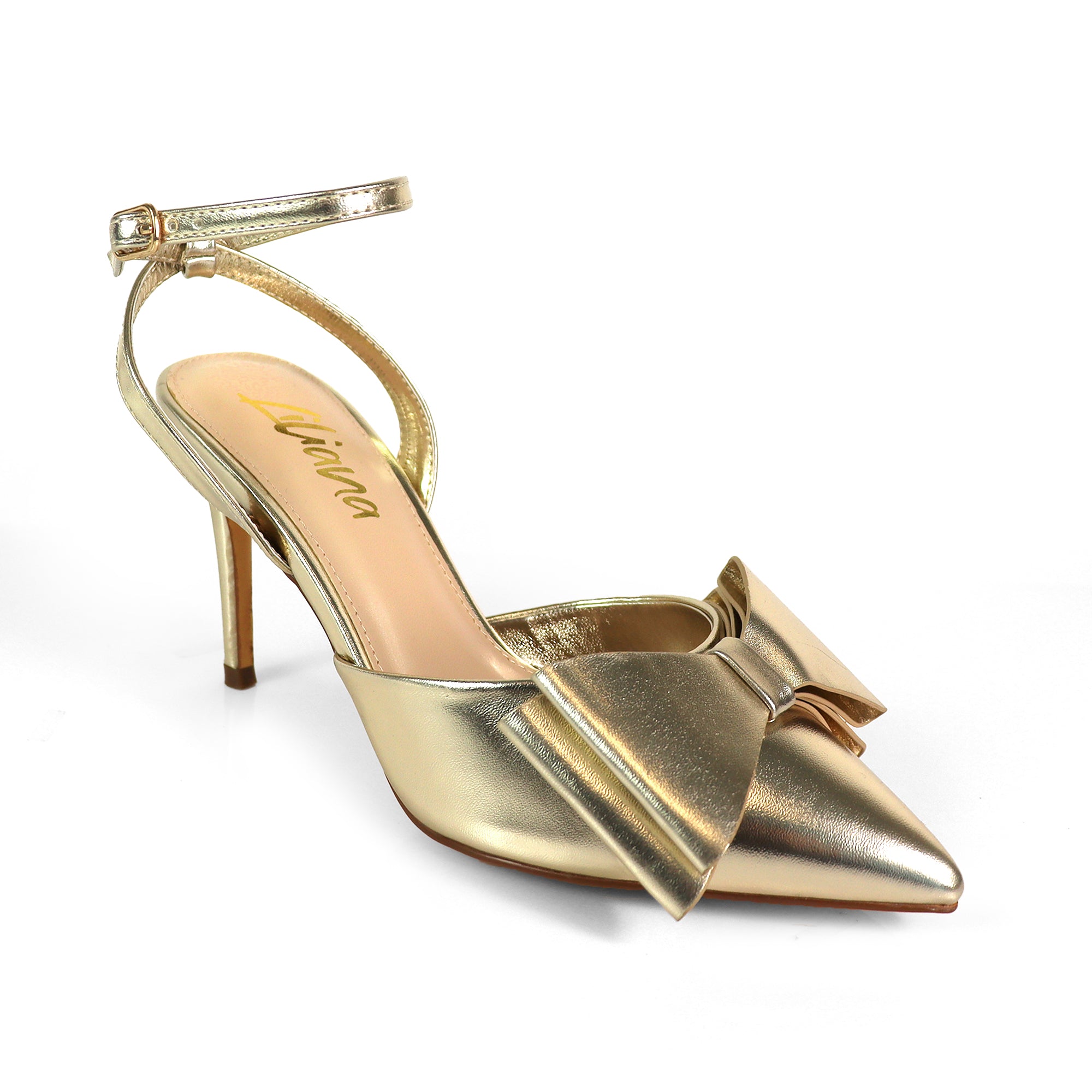 ALAIA-17 POINTED TOE BOW ANKLE STRAP BOW W/ HEEL GOLD