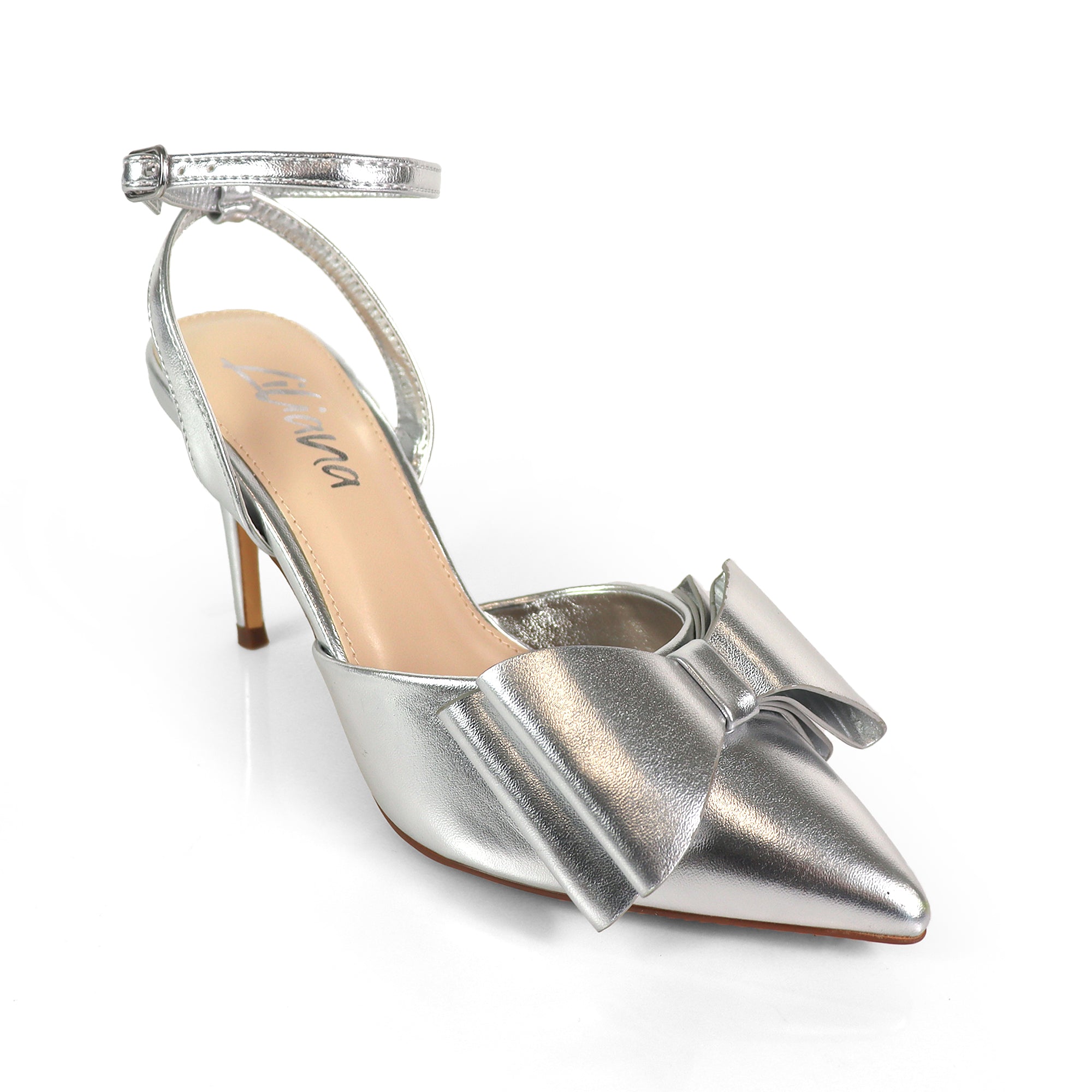 ALAIA-17 POINTED TOE BOW ANKLE STRAP BOW W/ HEEL SILVER