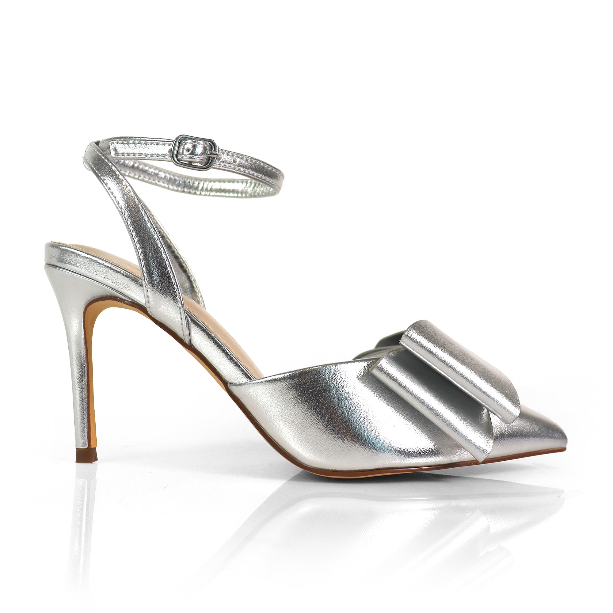 ALAIA-17 POINTED TOE BOW ANKLE STRAP BOW W/ HEEL SILVER