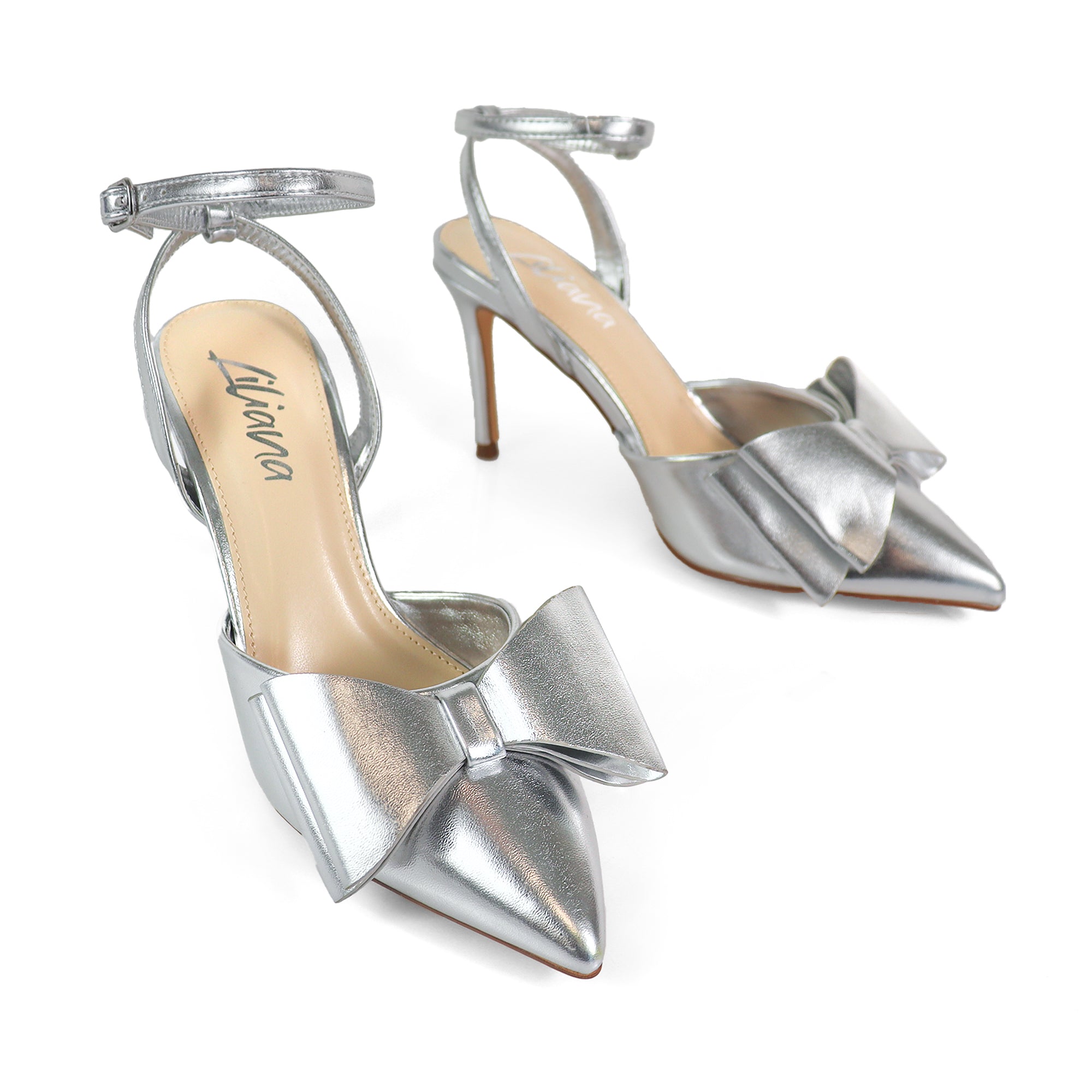 ALAIA-17 POINTED TOE BOW ANKLE STRAP BOW W/ HEEL SILVER