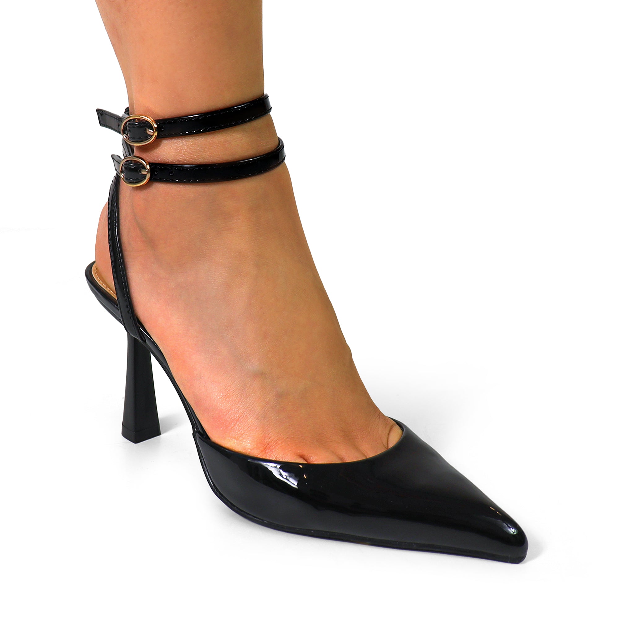 ALBIE-1 POINTED OPEN TOE ANKLE STRAP BUCKLE W/ SPOOL HEEL BLACK