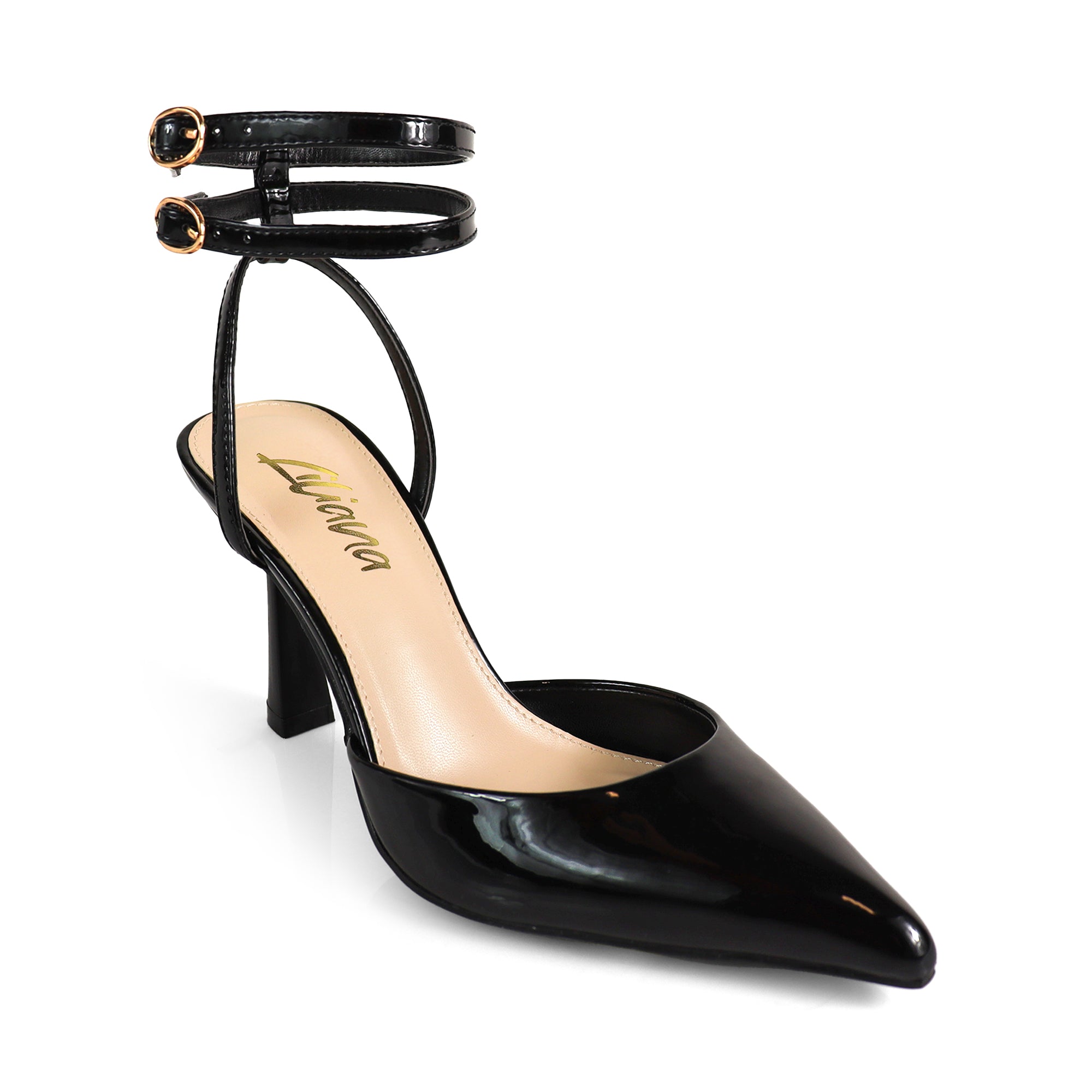 ALBIE-1 POINTED OPEN TOE ANKLE STRAP BUCKLE W/ SPOOL HEEL BLACK