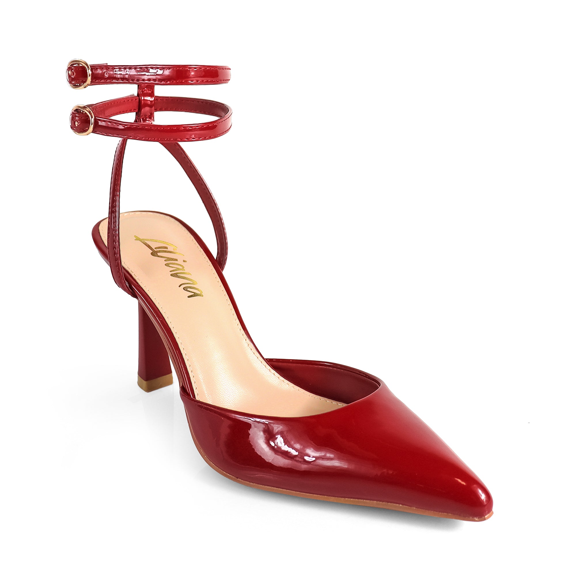 ALBIE-1 POINTED OPEN TOE ANKLE STRAP BUCKLE W/ SPOOL HEEL BURGUNDY