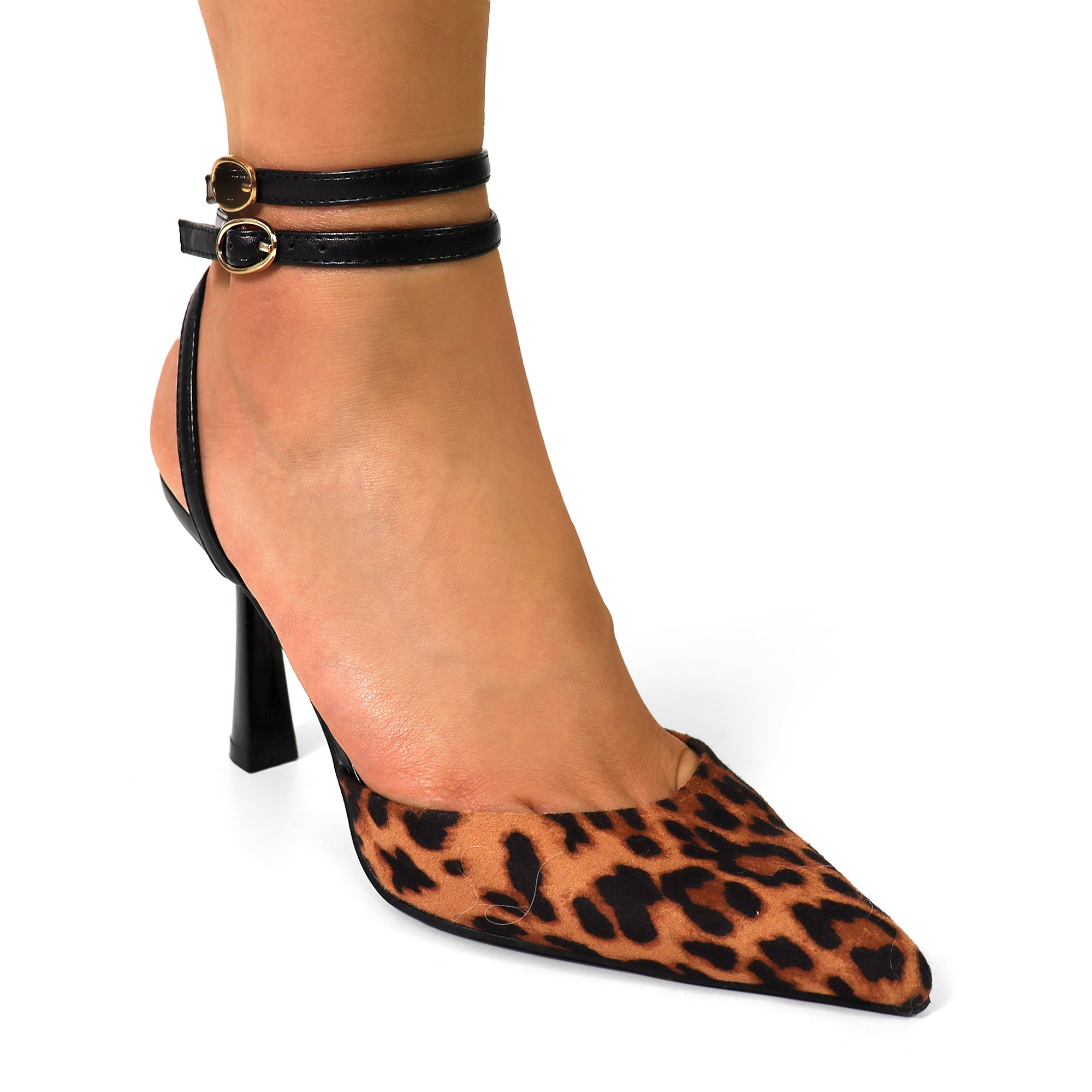 ALBIE-1 POINTED OPEN TOE ANKLE STRAP BUCKLE W/ SPOOL HEEL LEOPARD
