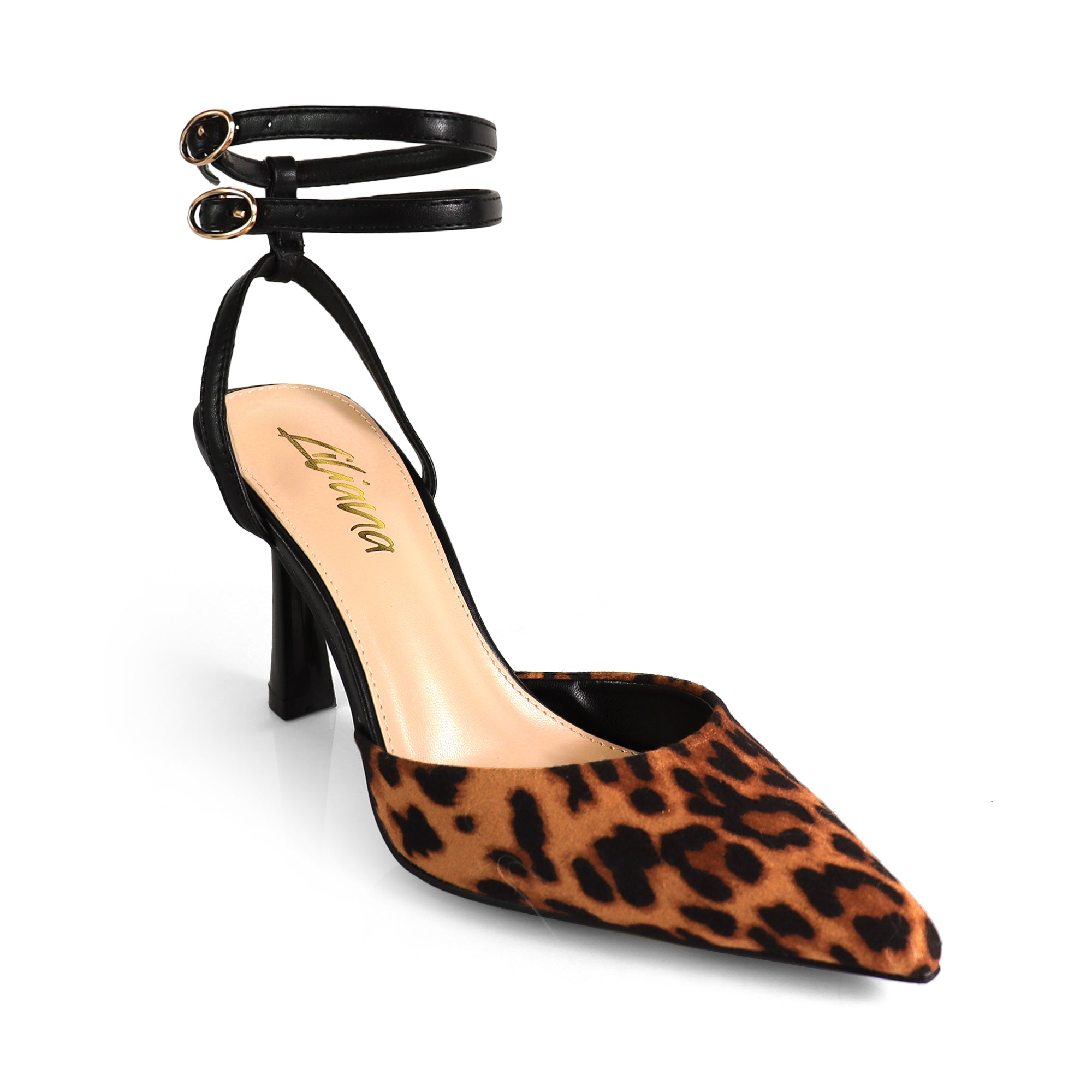 ALBIE-1 POINTED OPEN TOE ANKLE STRAP BUCKLE W/ SPOOL HEEL LEOPARD