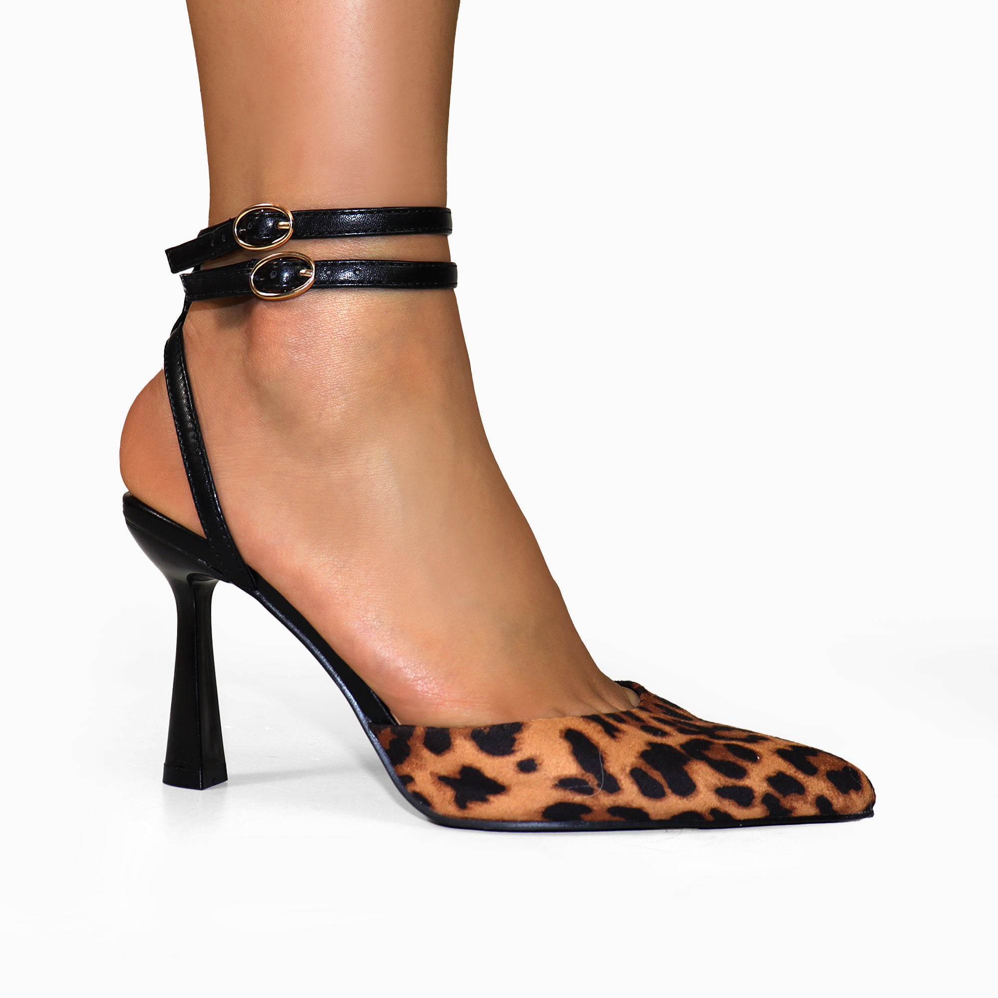 ALBIE-1 POINTED OPEN TOE ANKLE STRAP BUCKLE W/ SPOOL HEEL LEOPARD