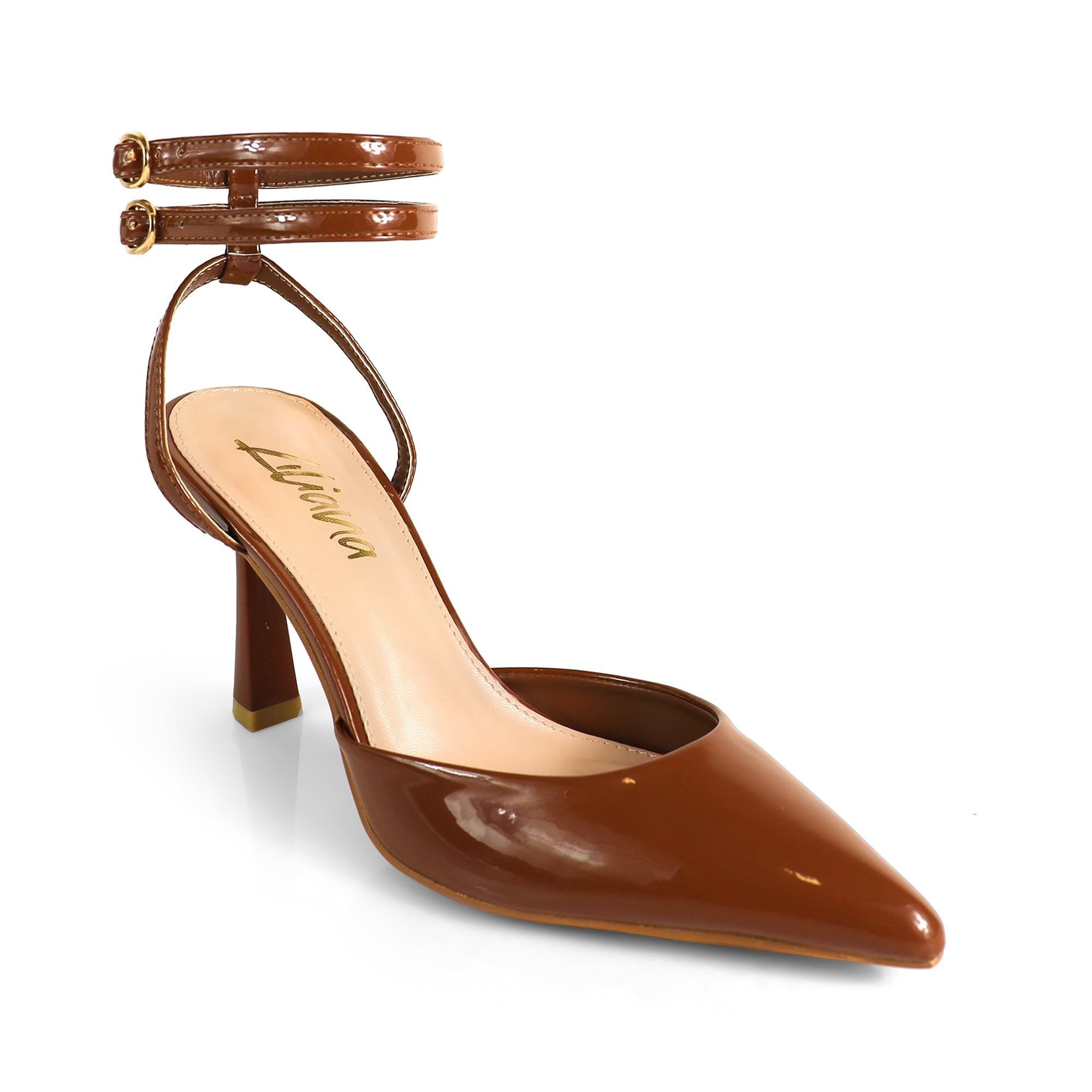 ALBIE-1 POINTED OPEN TOE ANKLE STRAP BUCKLE W/ SPOOL HEEL MOCHA