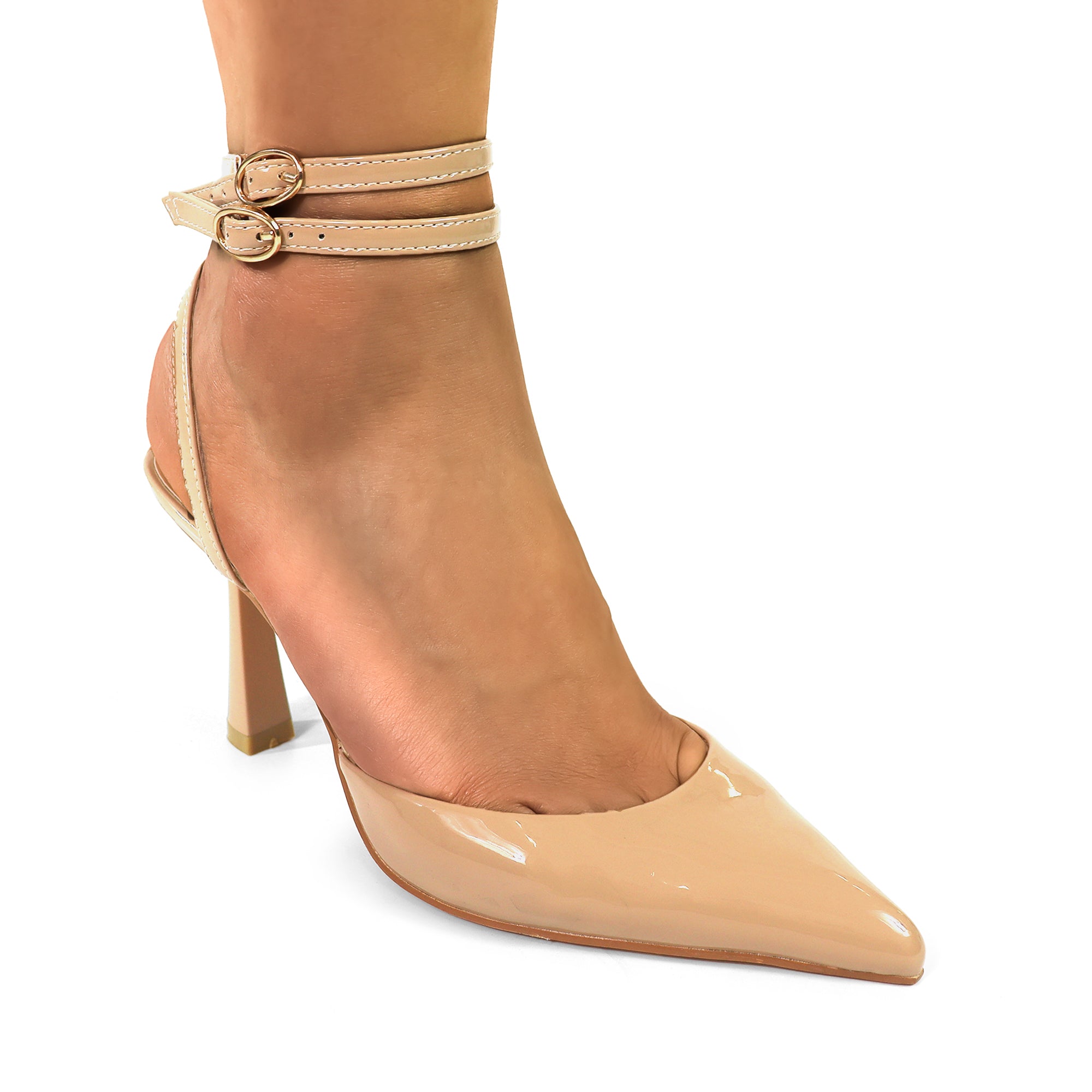 ALBIE-1 POINTED OPEN TOE ANKLE STRAP BUCKLE W/ SPOOL HEEL NUDE