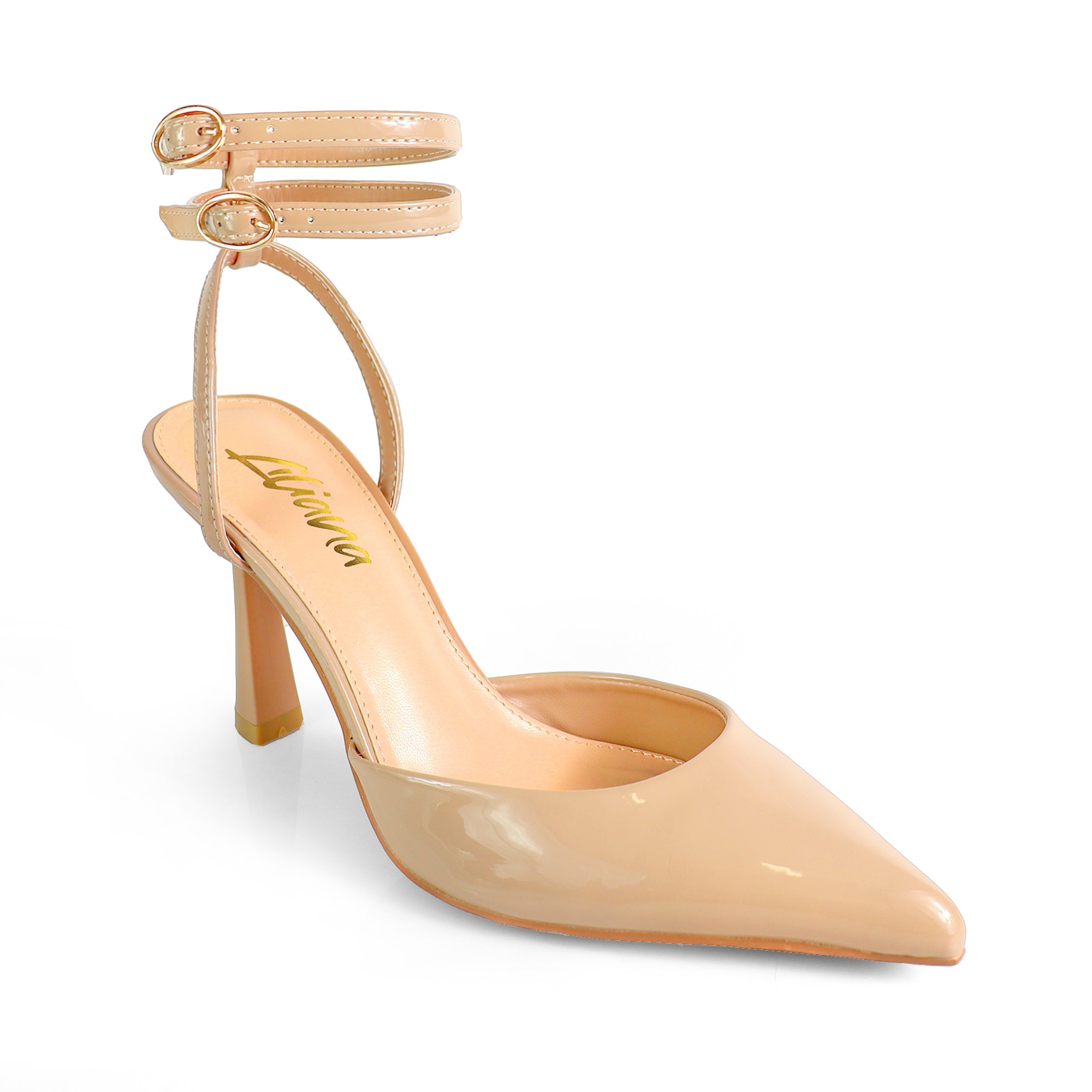 ALBIE-1 POINTED OPEN TOE ANKLE STRAP BUCKLE W/ SPOOL HEEL NUDE