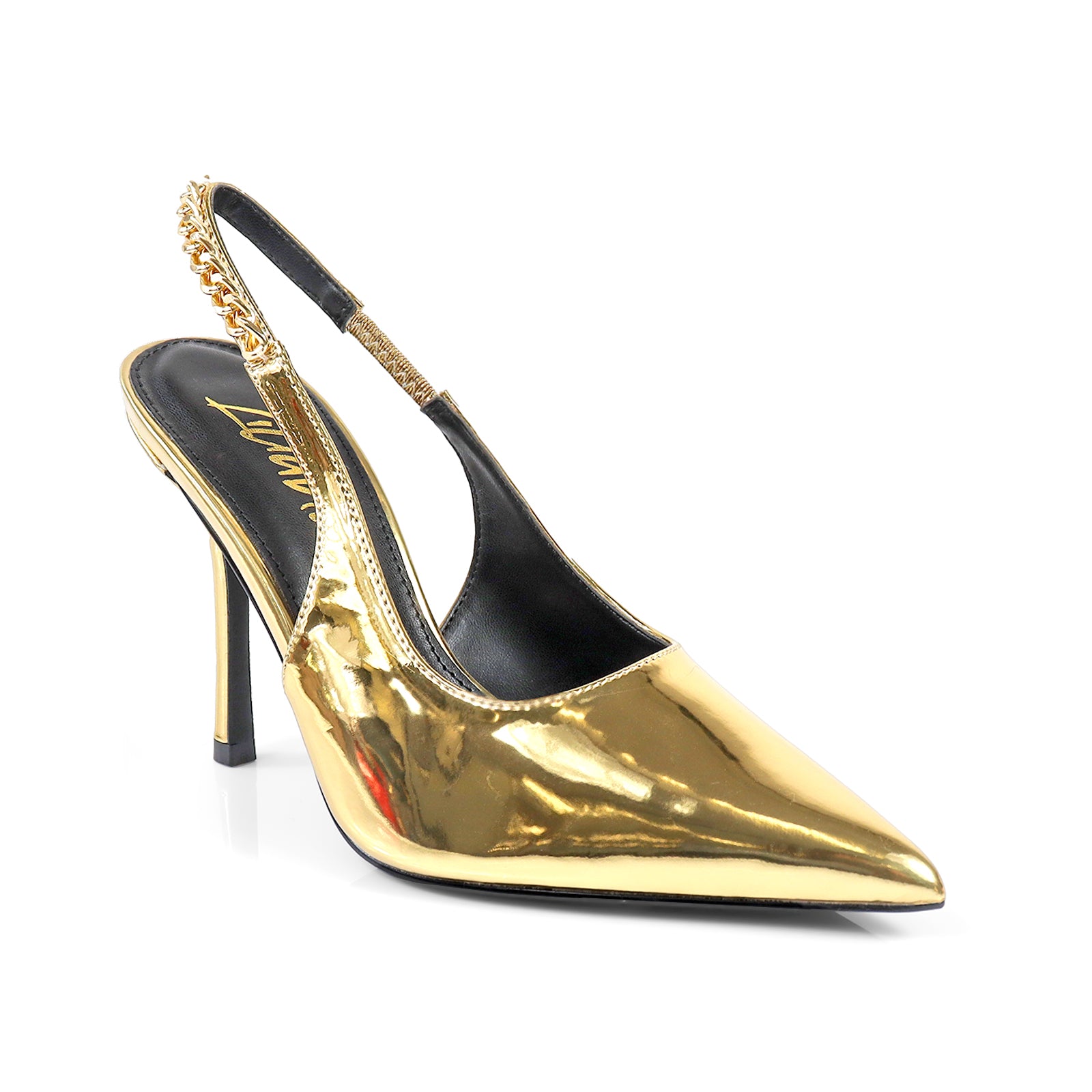 ALICIA-1 POINTED TOE W/CHAIN BACK STRAP PUMP GOLD