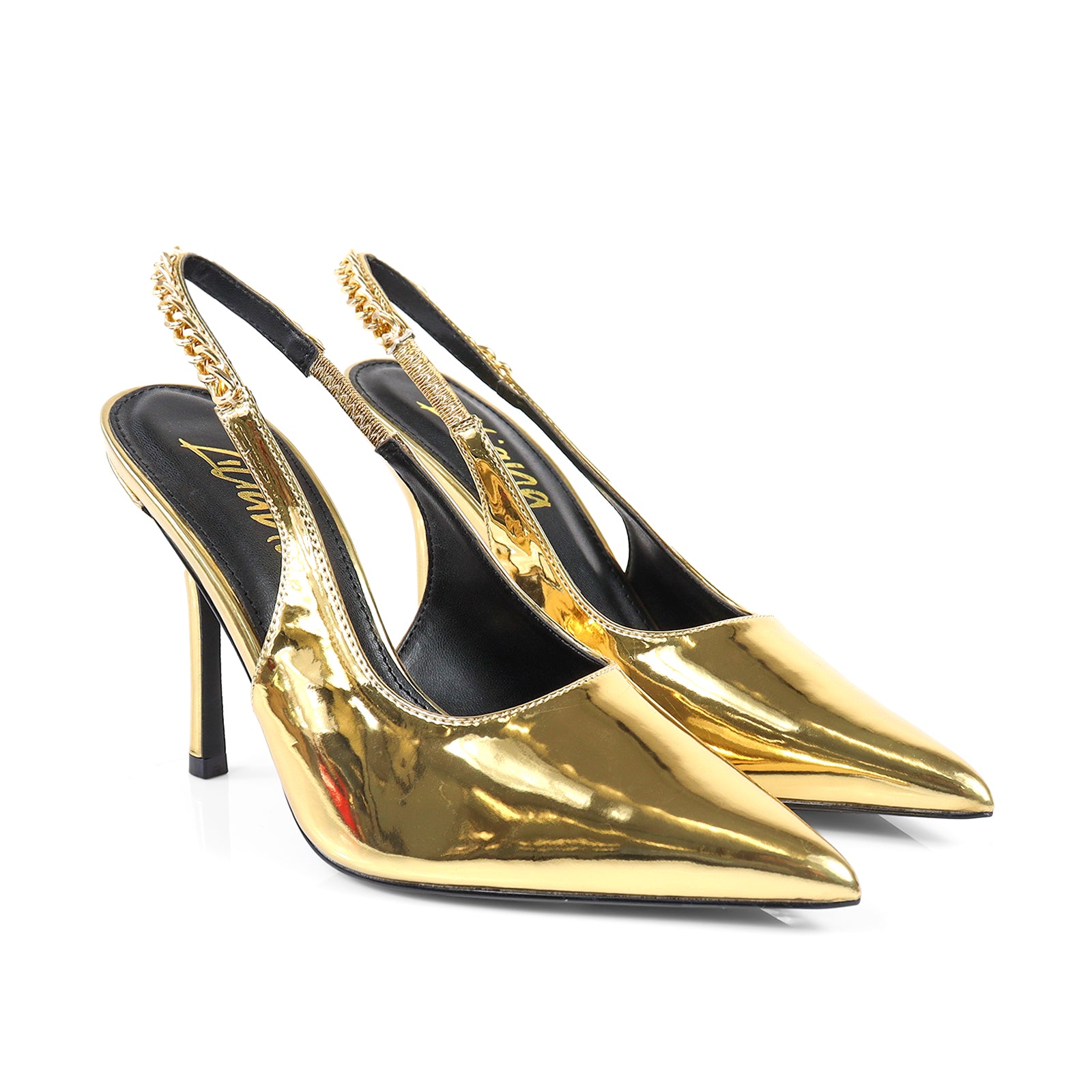 ALICIA-1 POINTED TOE W/CHAIN BACK STRAP PUMP GOLD