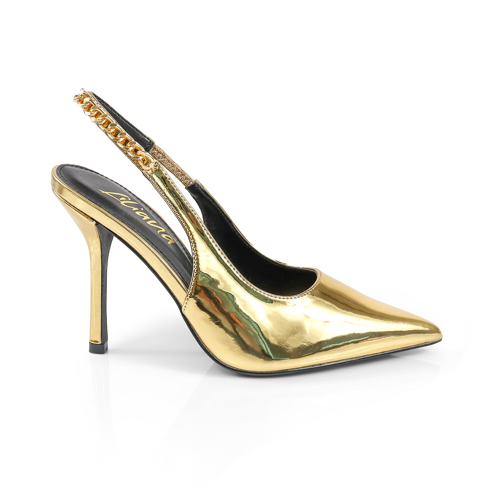 ALICIA-1 POINTED TOE W/CHAIN BACK STRAP PUMP GOLD