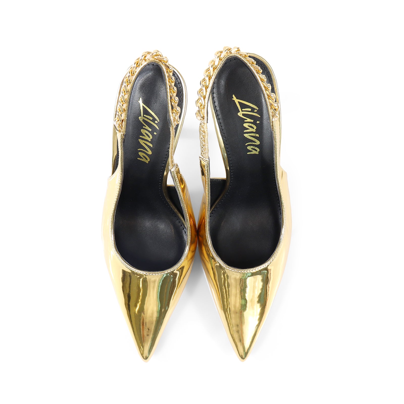 ALICIA-1 POINTED TOE W/CHAIN BACK STRAP PUMP GOLD
