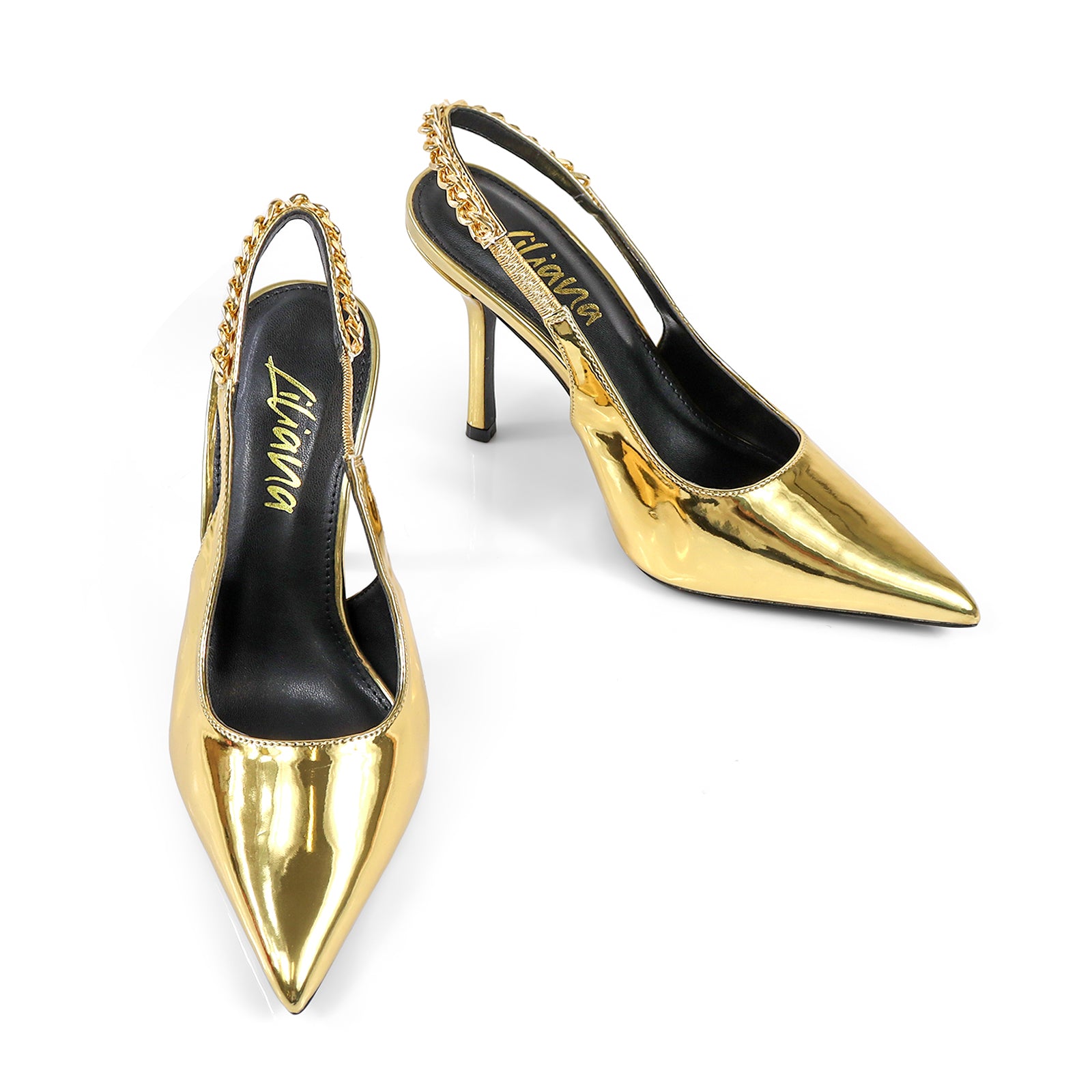 ALICIA-1 POINTED TOE W/CHAIN BACK STRAP PUMP GOLD