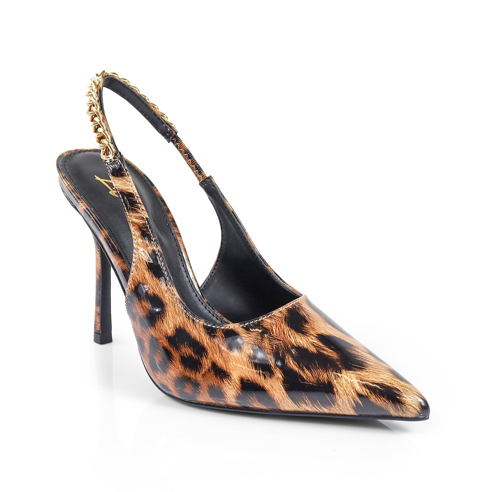 ALICIA-1 POINTED TOE W/CHAIN BACK STRAP PUMP LEOPARD
