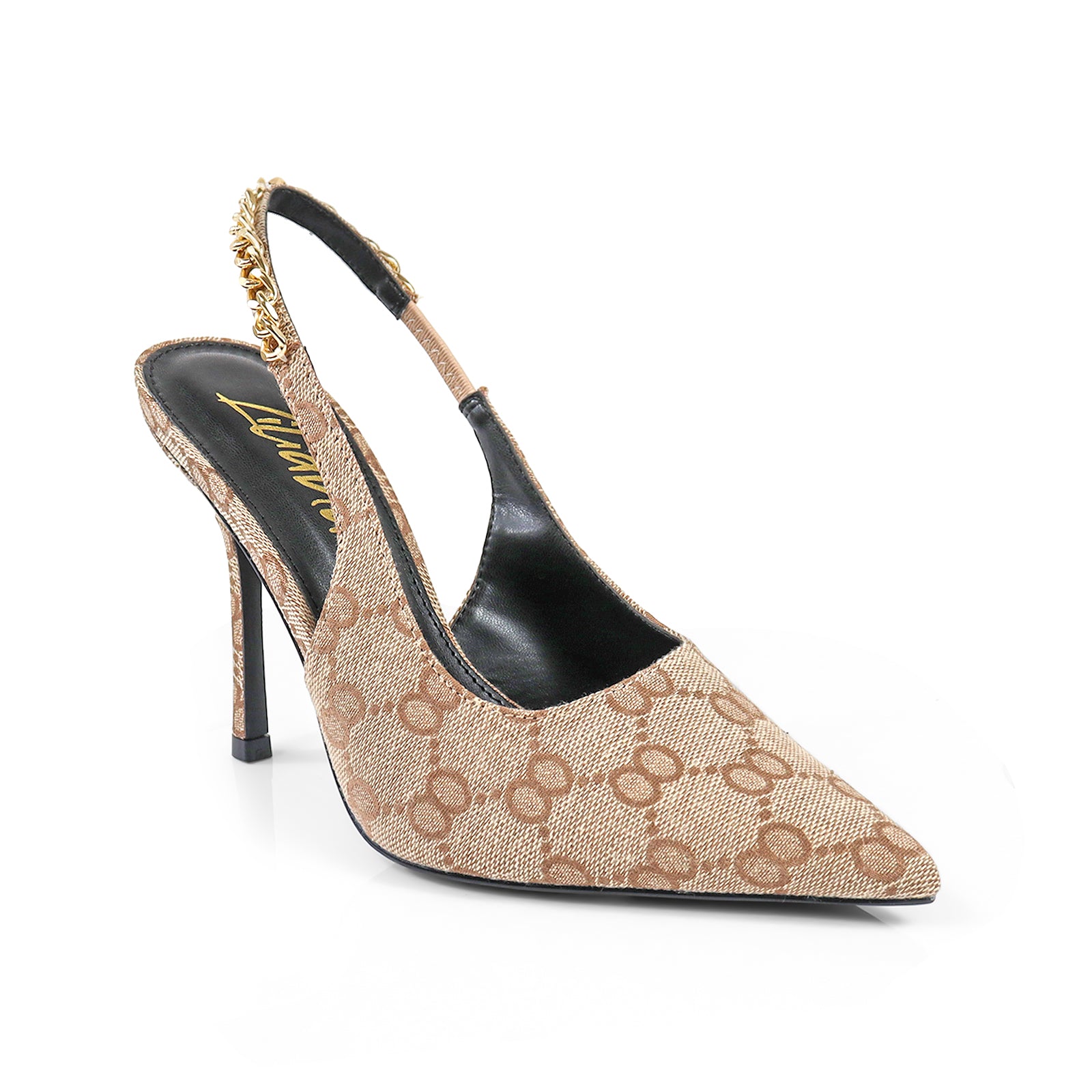 ALICIA-1 POINTED TOE W/CHAIN BACK STRAP PUMP MONOGRAM