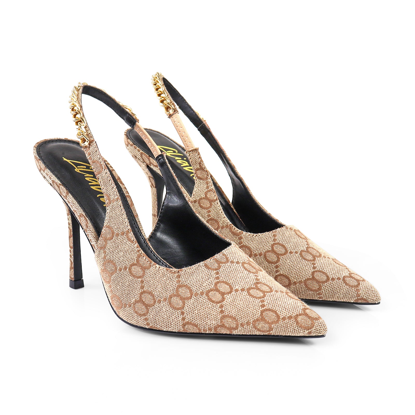 ALICIA-1 POINTED TOE W/CHAIN BACK STRAP PUMP MONOGRAM