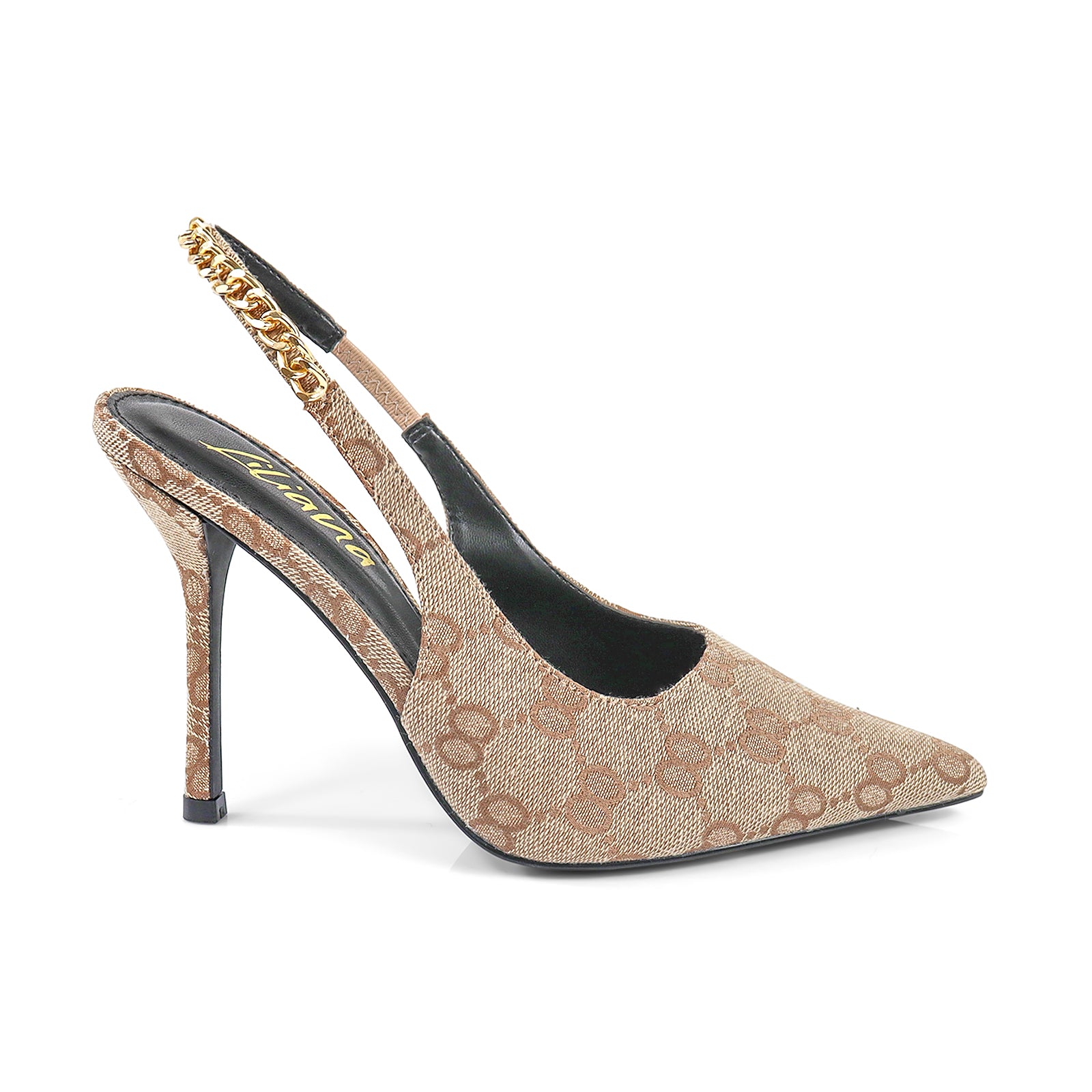 ALICIA-1 POINTED TOE W/CHAIN BACK STRAP PUMP MONOGRAM