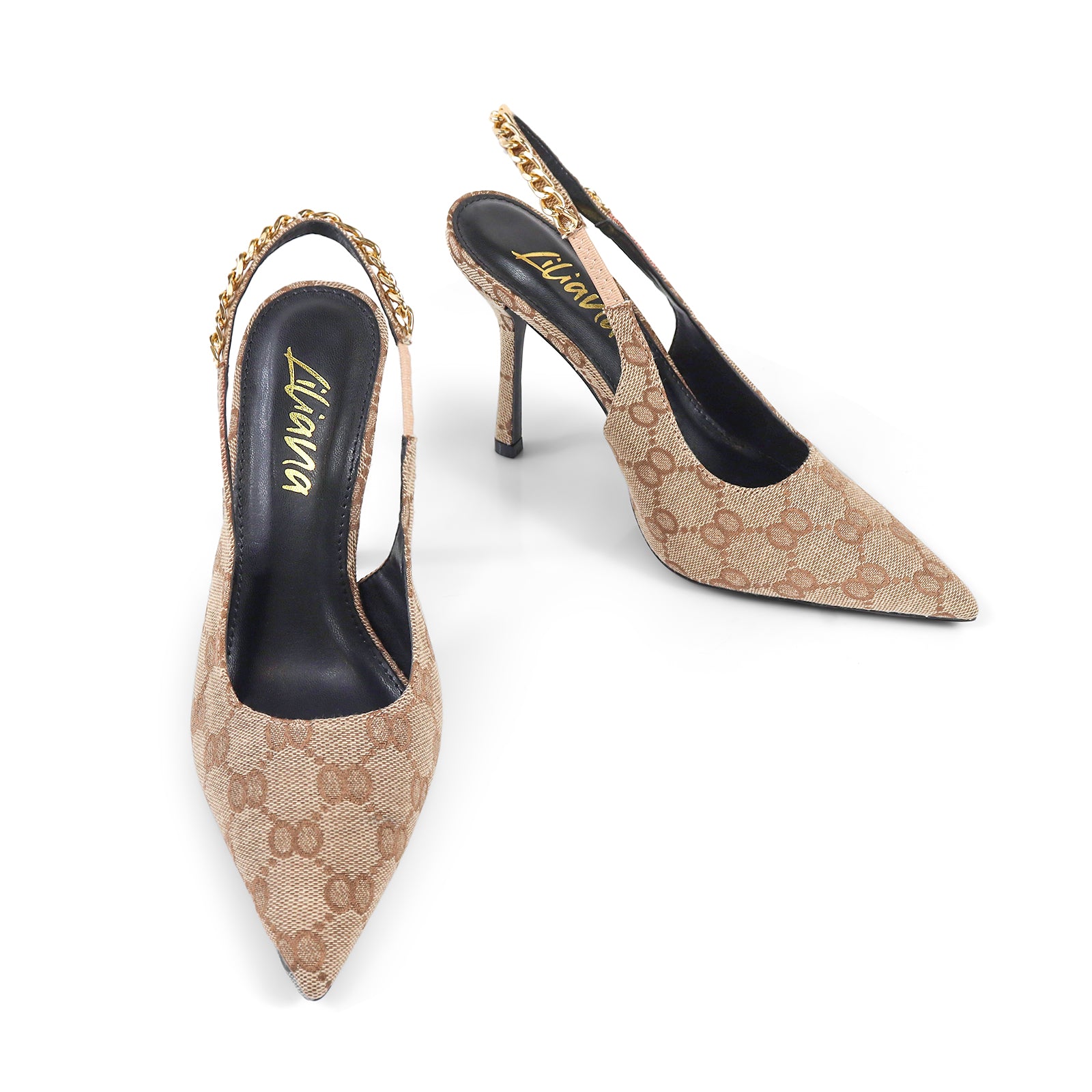 ALICIA-1 POINTED TOE W/CHAIN BACK STRAP PUMP MONOGRAM