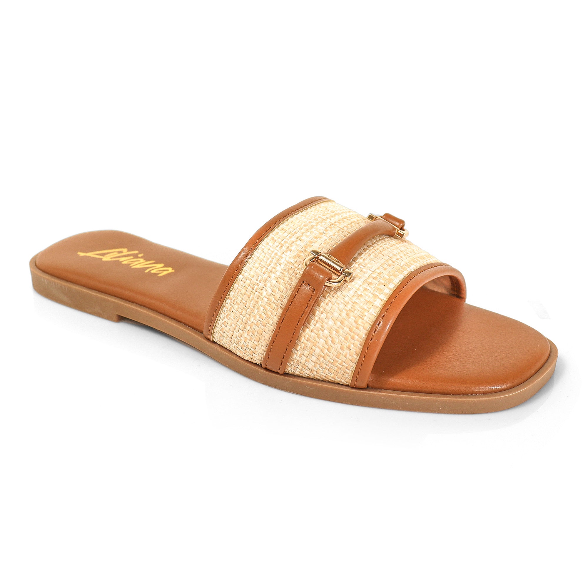 ALISHA-1 OPEN TOE MATEL BUCKLE RAFFIA SANDAL TAN