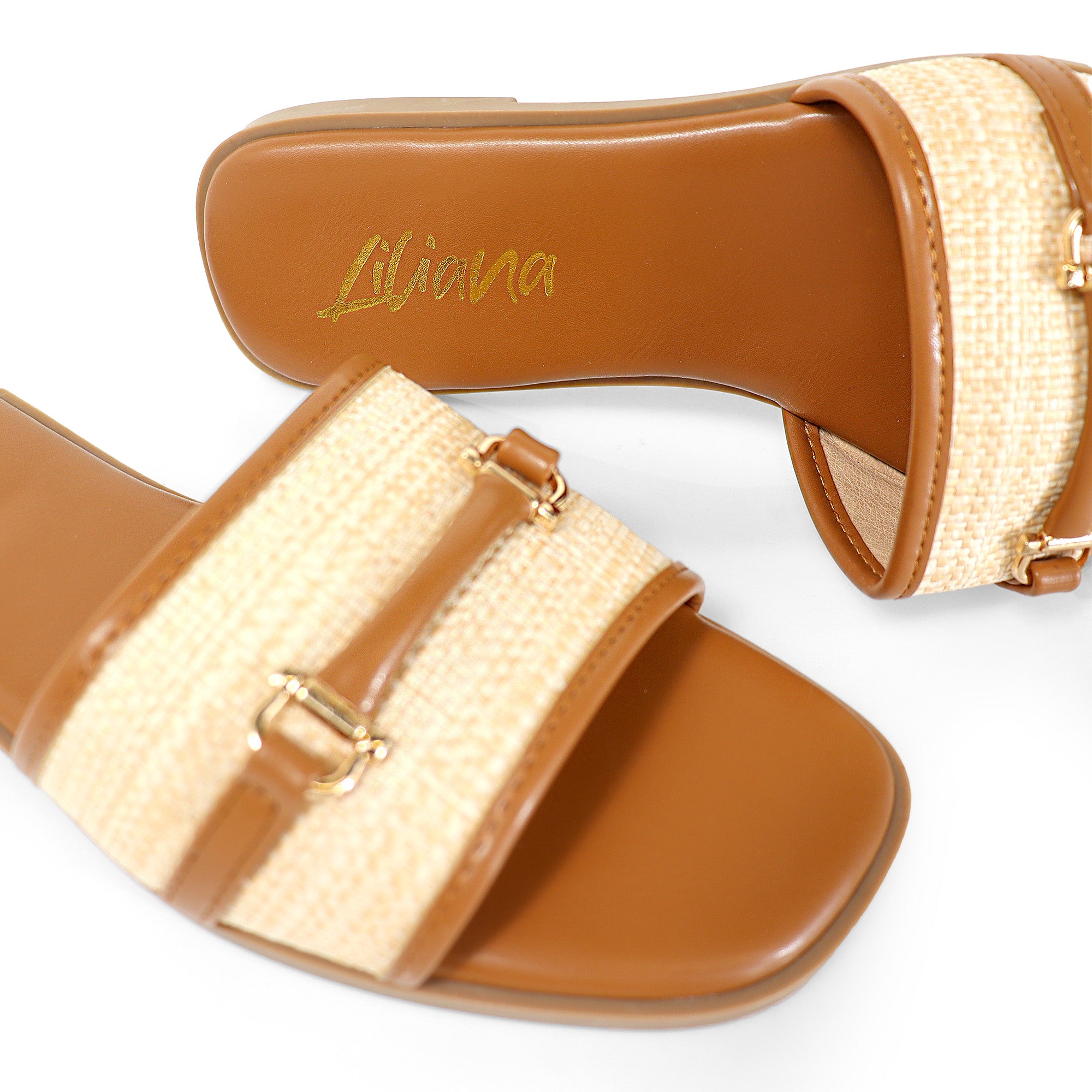 ALISHA-1 OPEN TOE MATEL BUCKLE RAFFIA SANDAL TAN