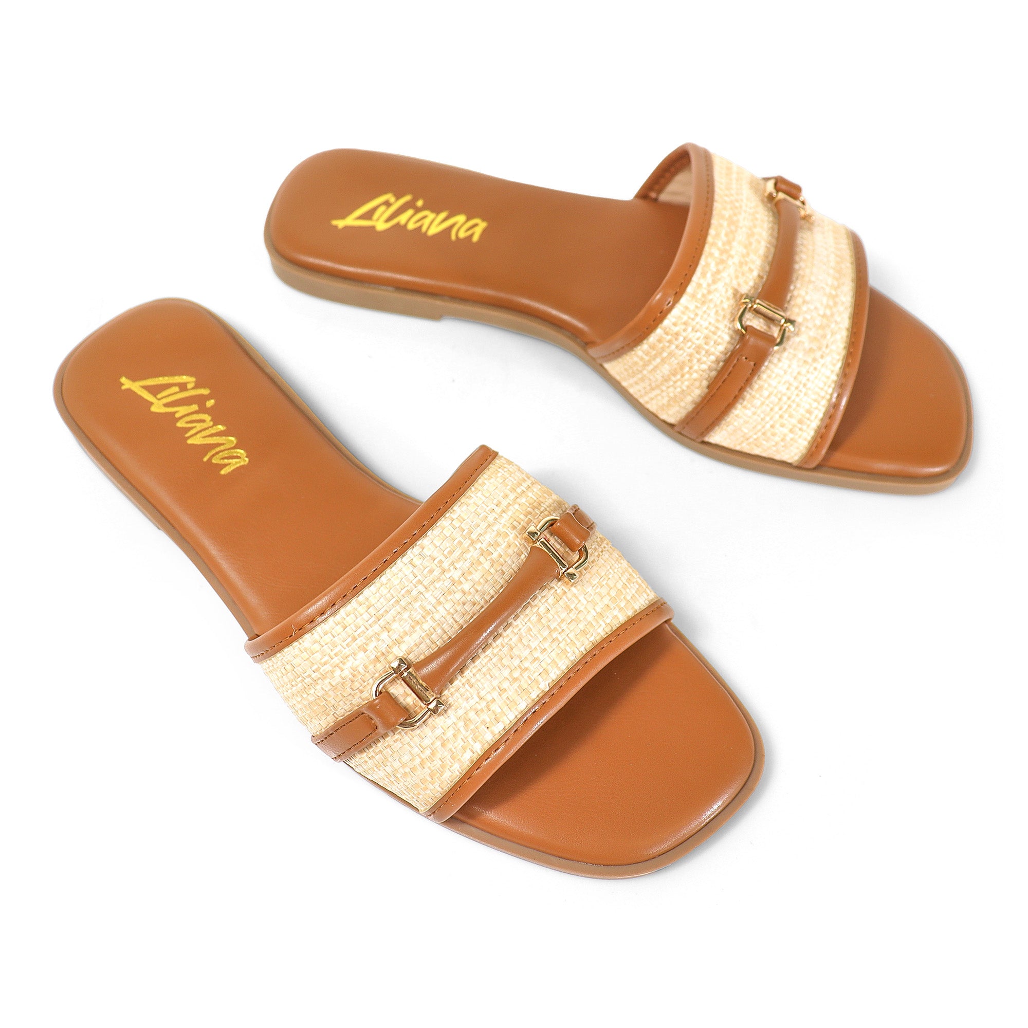 ALISHA-1 OPEN TOE MATEL BUCKLE RAFFIA SANDAL TAN