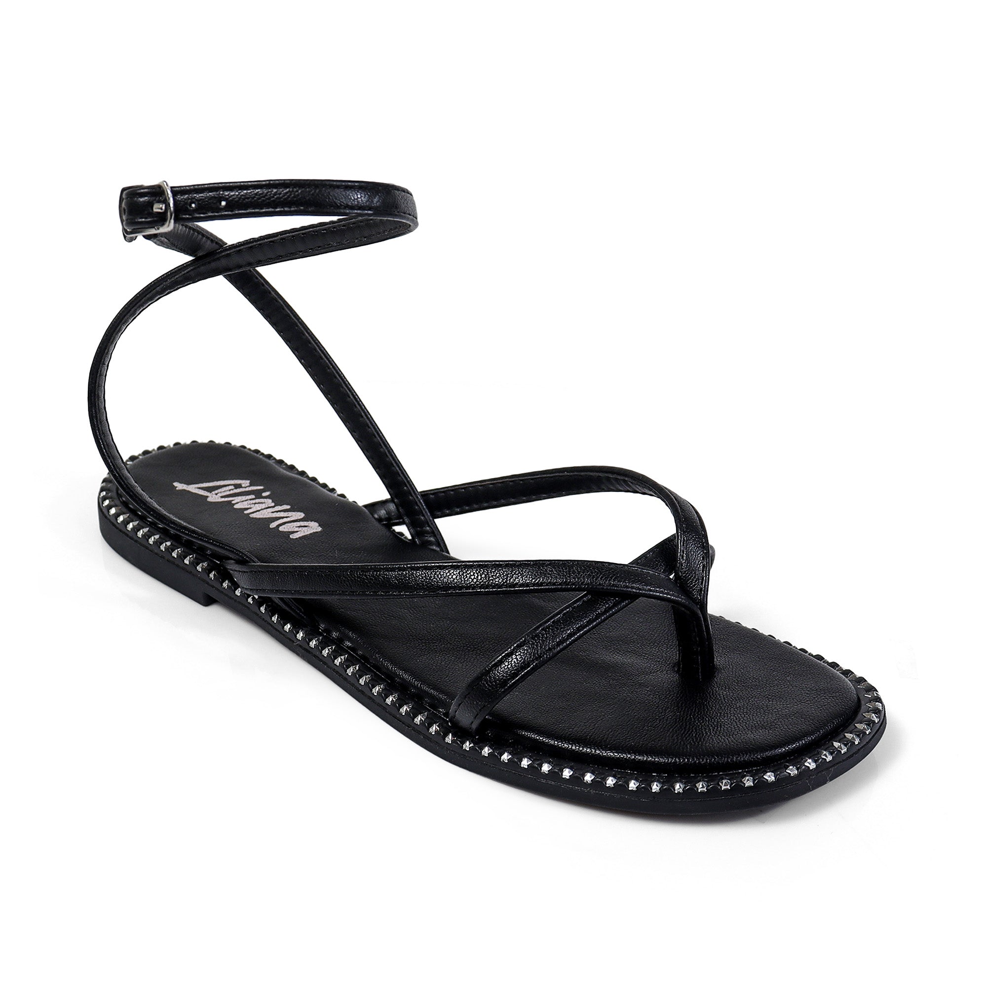 ALMA-1 STRAPPY ROMAN GLADIATOR SANDAL W/ STUD EDGE SOLE BLACK