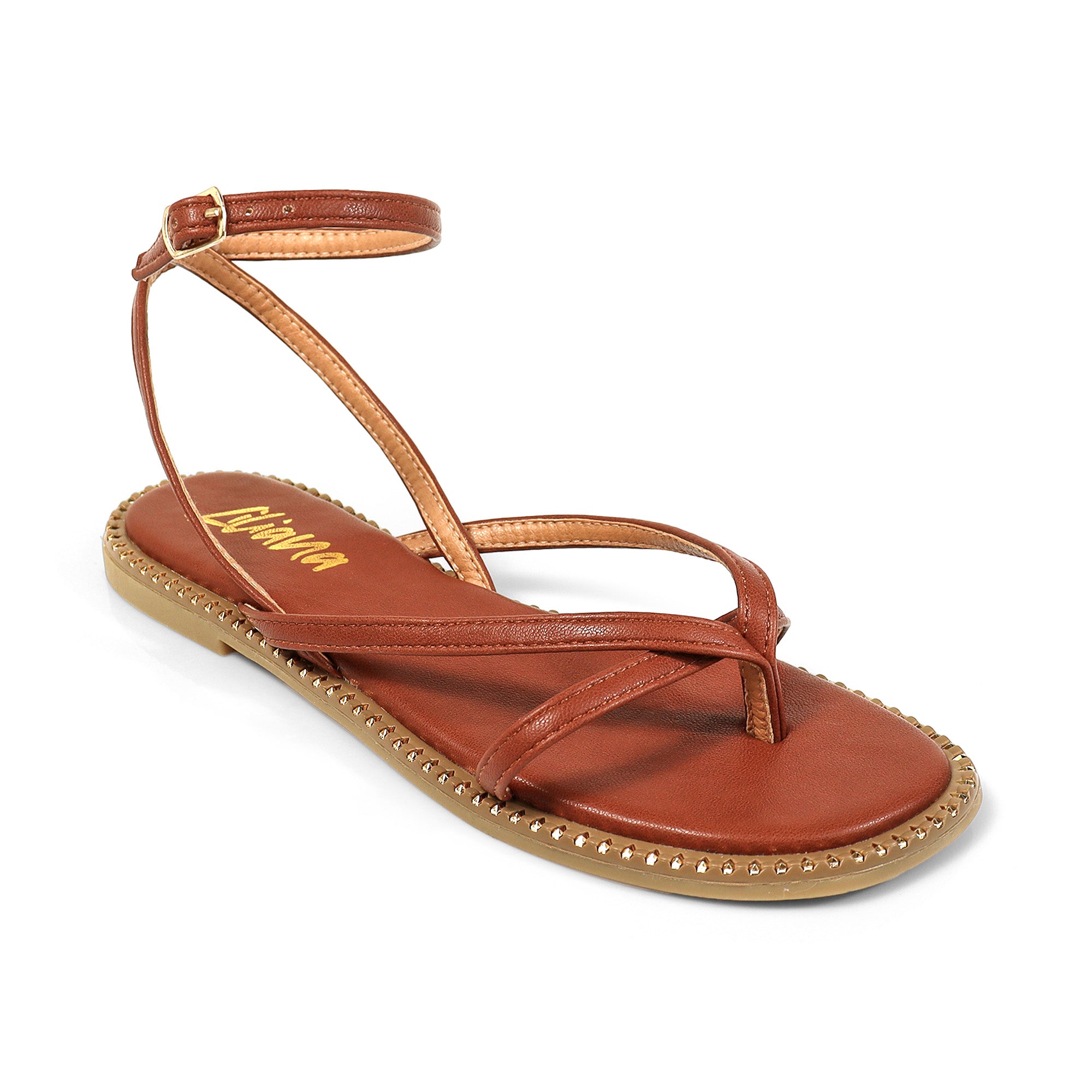 ALMA-1 STRAPPY ROMAN GLADIATOR SANDAL W/ STUD EDGE SOLE COGNAC