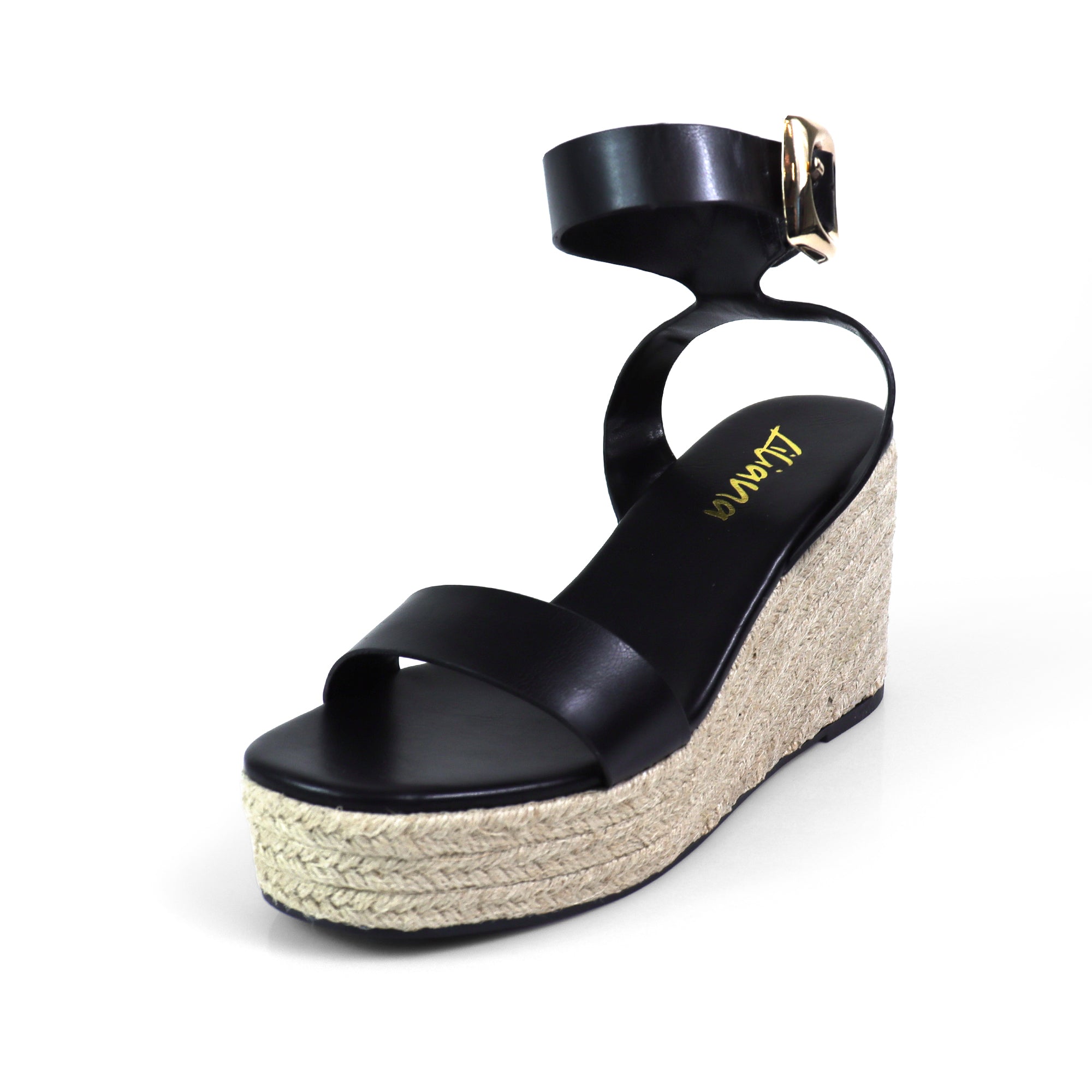 ALYAH-2 OPEN TOE BUCKLE ANKLE STRAP W/ ESPADRILLE WEDGE BLACK