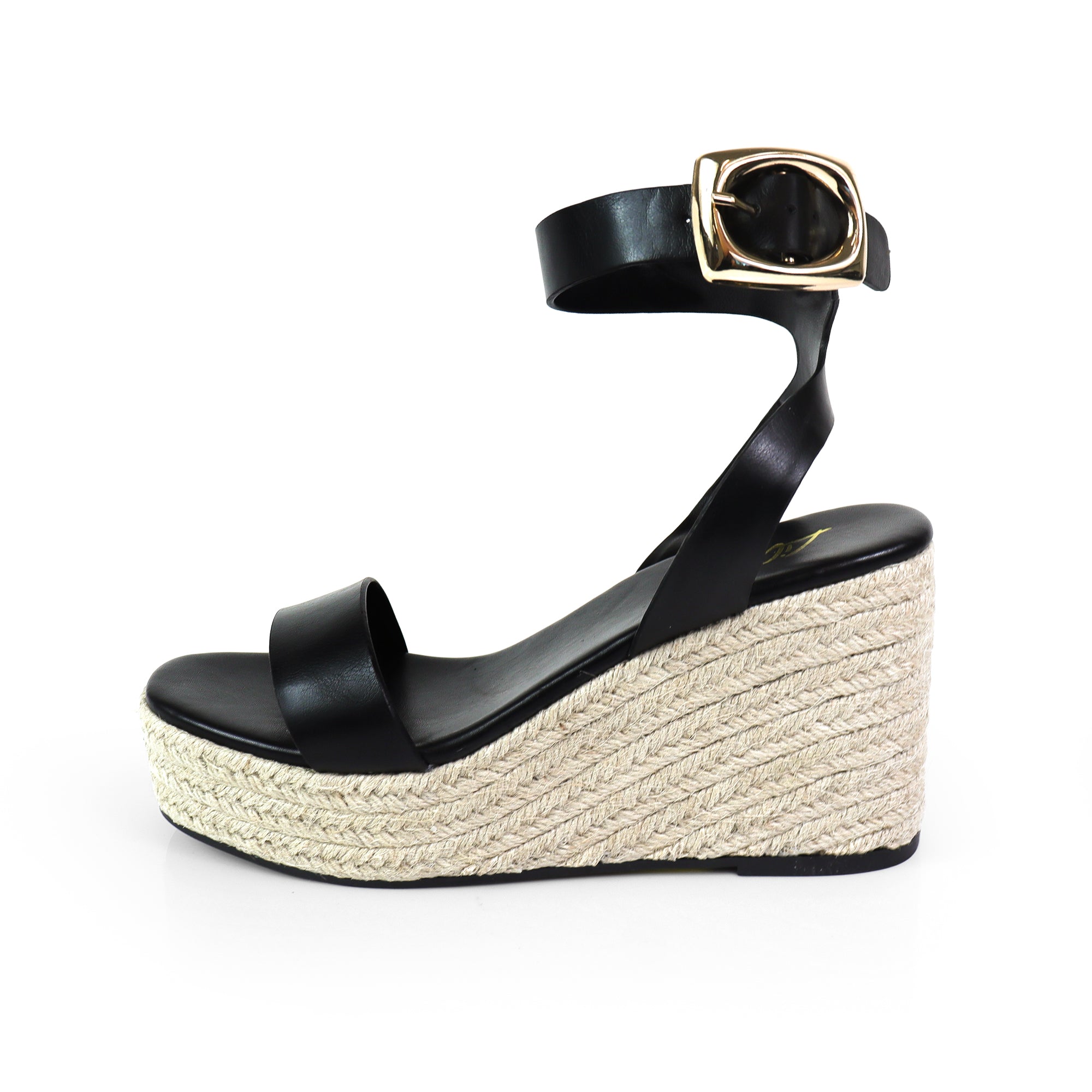 ALYAH-2 OPEN TOE BUCKLE ANKLE STRAP W/ ESPADRILLE WEDGE BLACK
