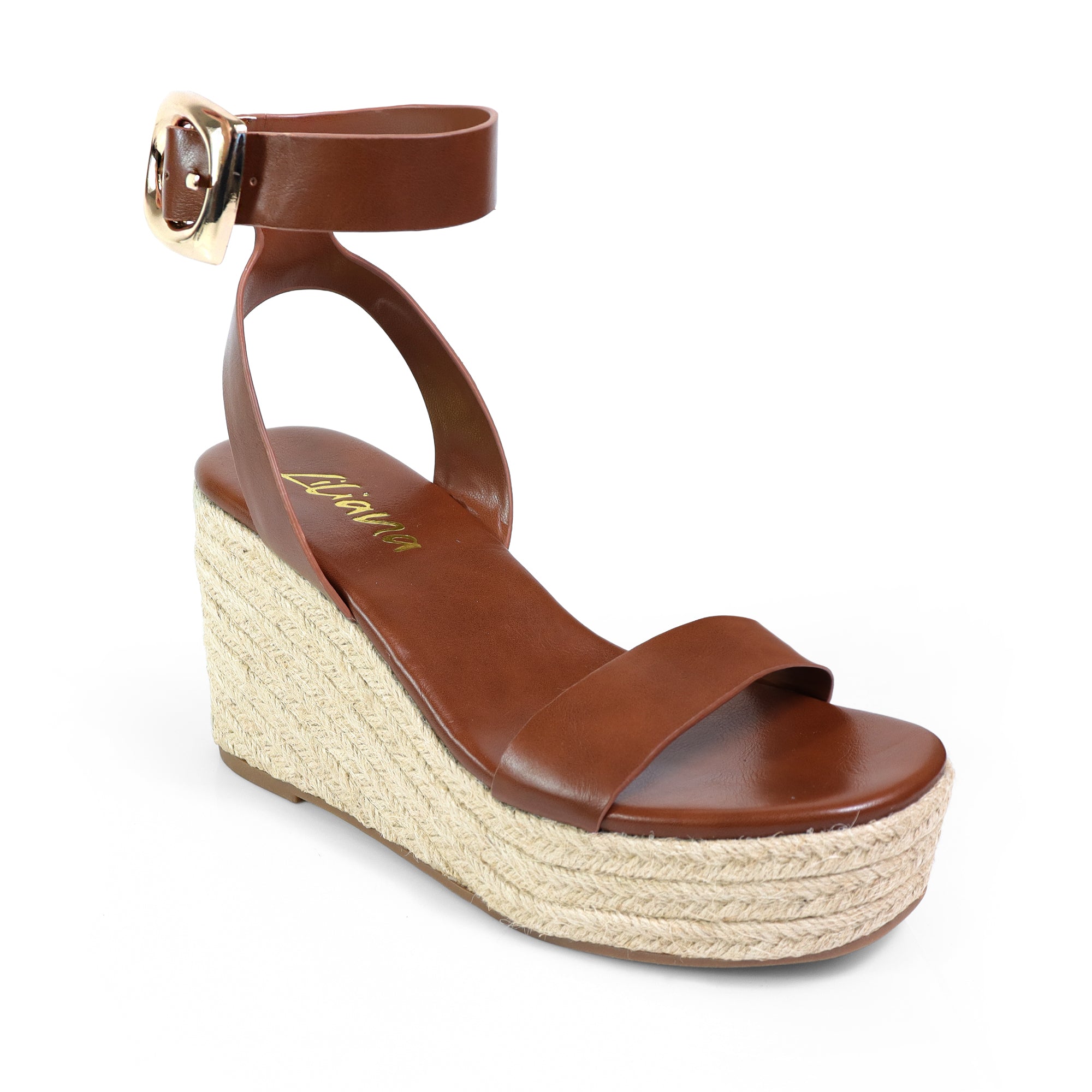 ALYAH-2 OPEN TOE BUCKLE ANKLE STRAP W/ ESPADRILLE WEDGE COGNAC