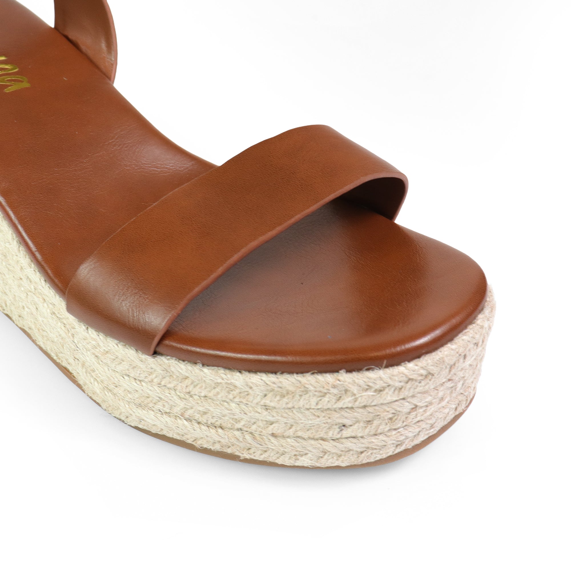 ALYAH-2 OPEN TOE BUCKLE ANKLE STRAP W/ ESPADRILLE WEDGE COGNAC