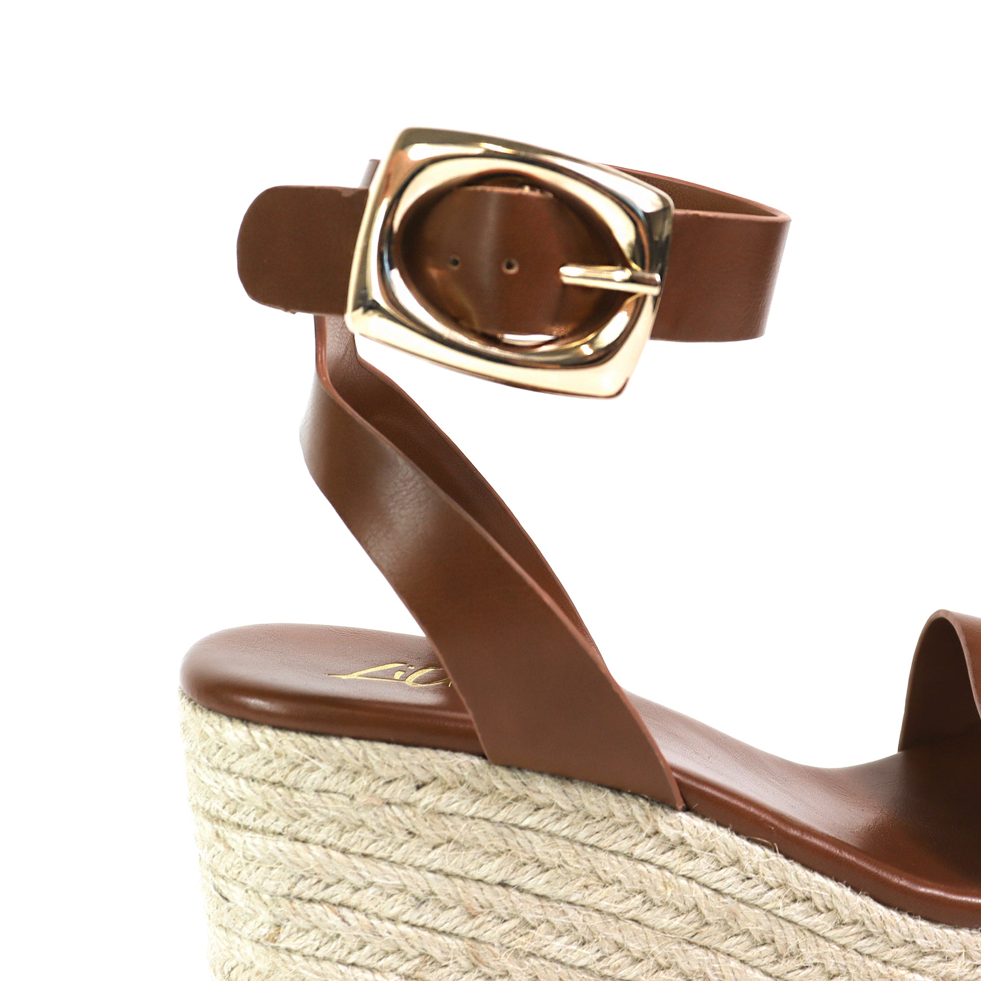 ALYAH-2 OPEN TOE BUCKLE ANKLE STRAP W/ ESPADRILLE WEDGE COGNAC