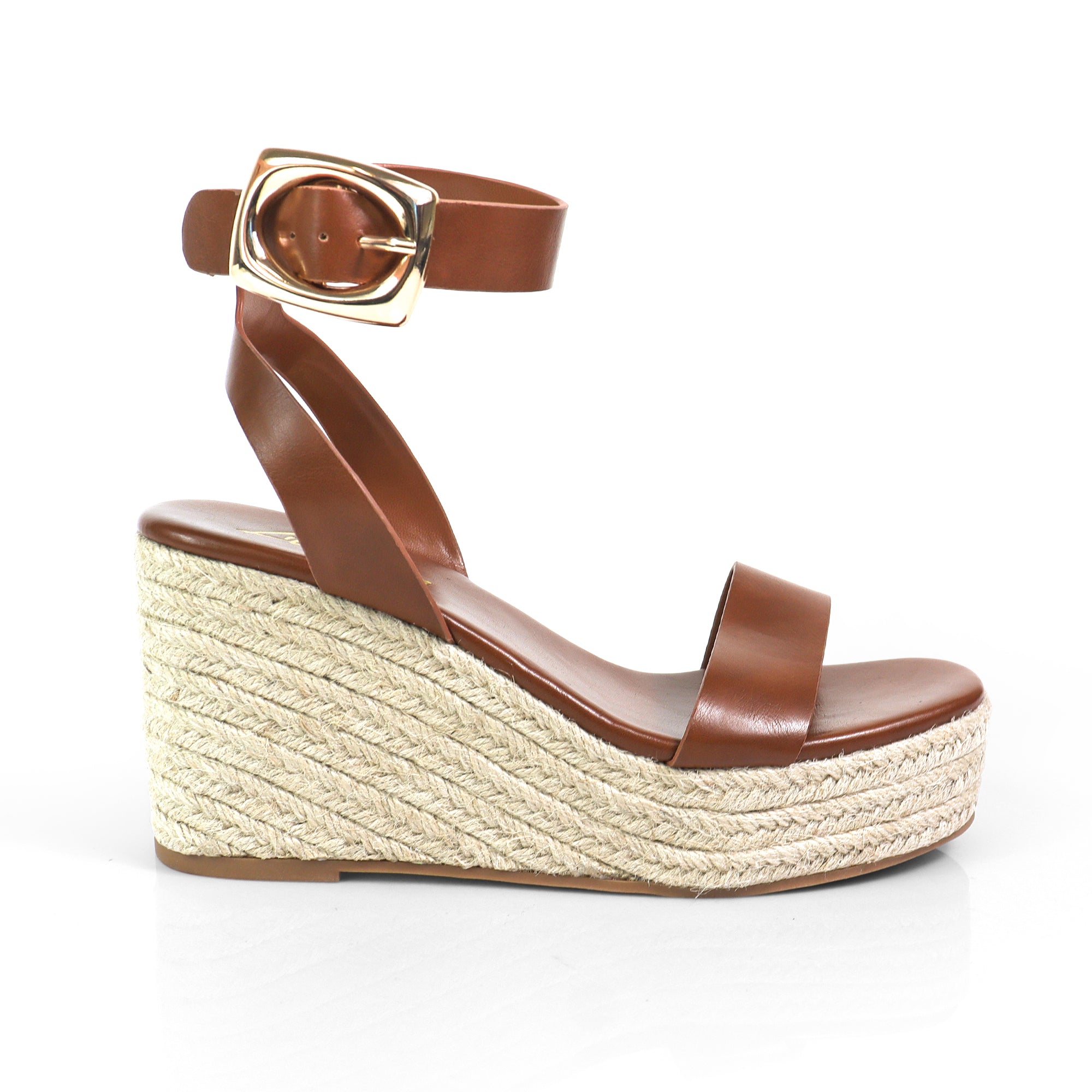 ALYAH-2 OPEN TOE BUCKLE ANKLE STRAP W/ ESPADRILLE WEDGE COGNAC
