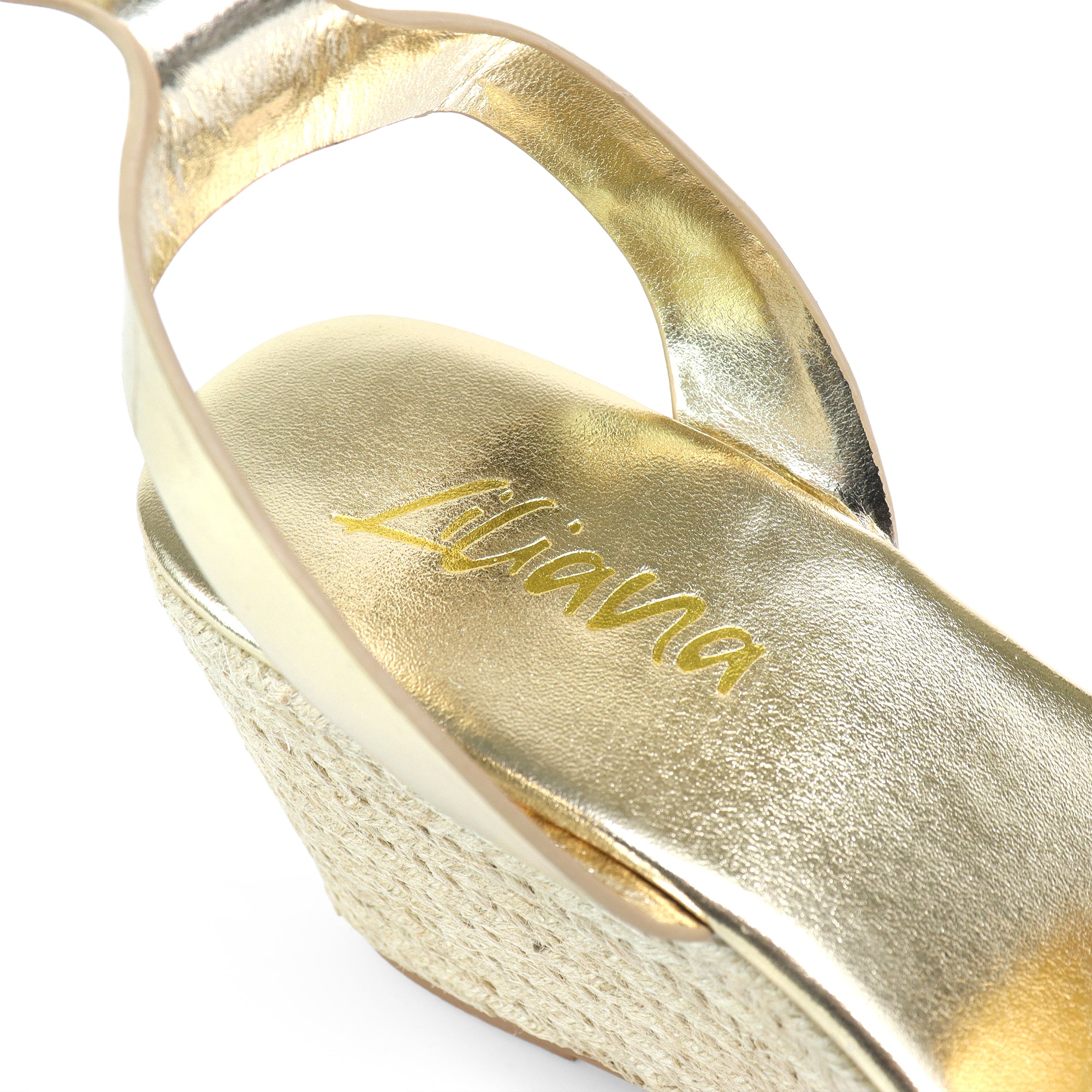 ALYAH-2 OPEN TOE BUCKLE ANKLE STRAP W/ ESPADRILLE WEDGE GOLD