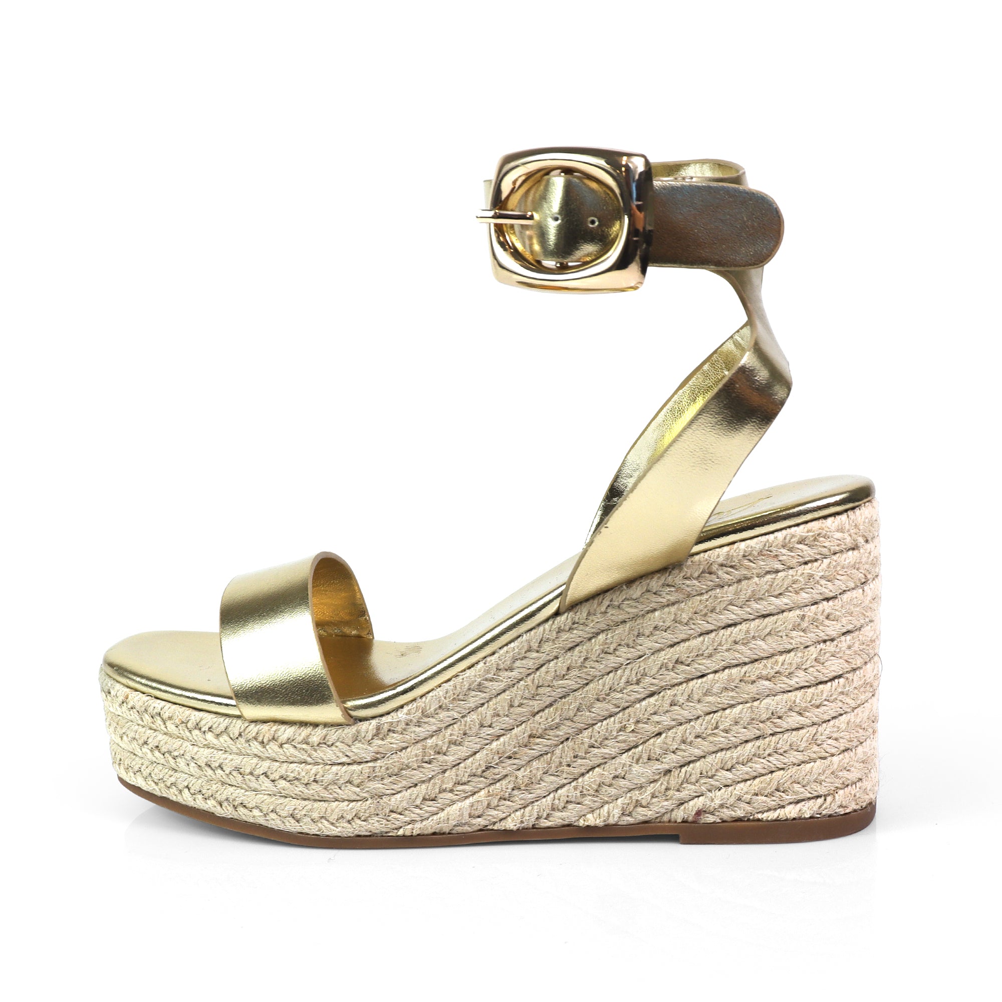ALYAH-2 OPEN TOE BUCKLE ANKLE STRAP W/ ESPADRILLE WEDGE GOLD